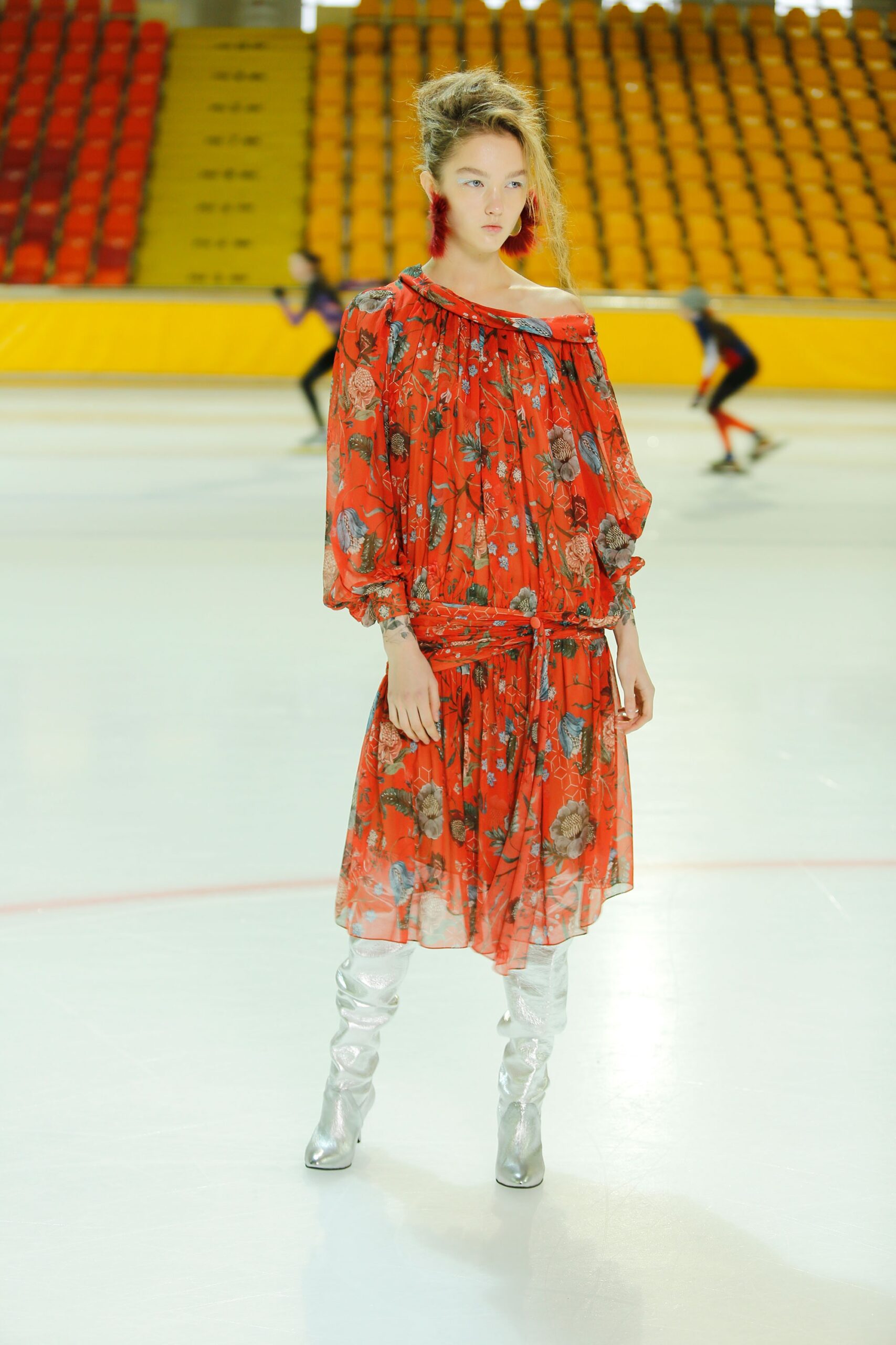 red floral midi dress with silver boots