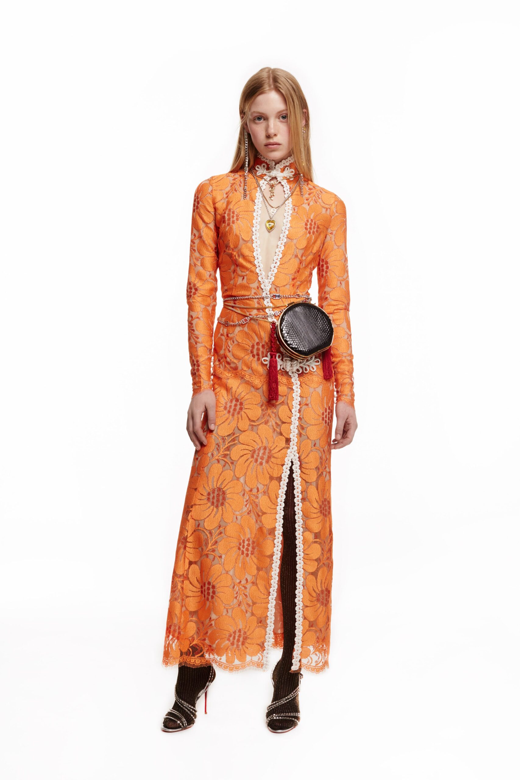 fitted orange lace maxi dress