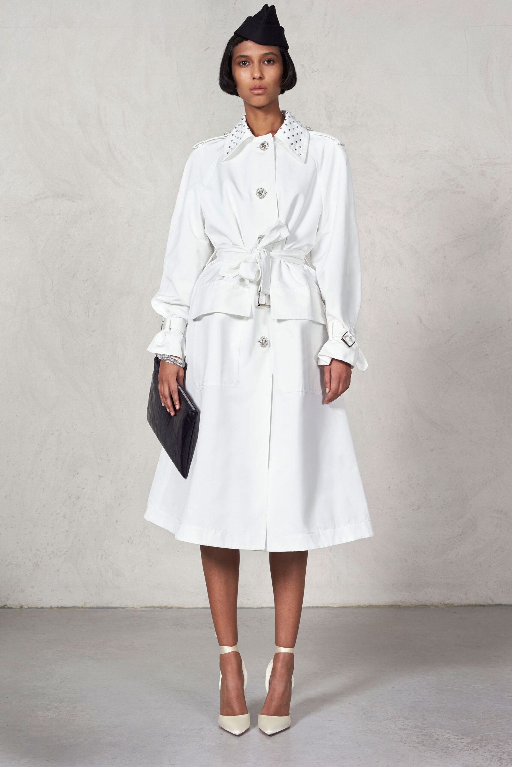 white cotton long-sleeve collared relaxed belted buttoned coat