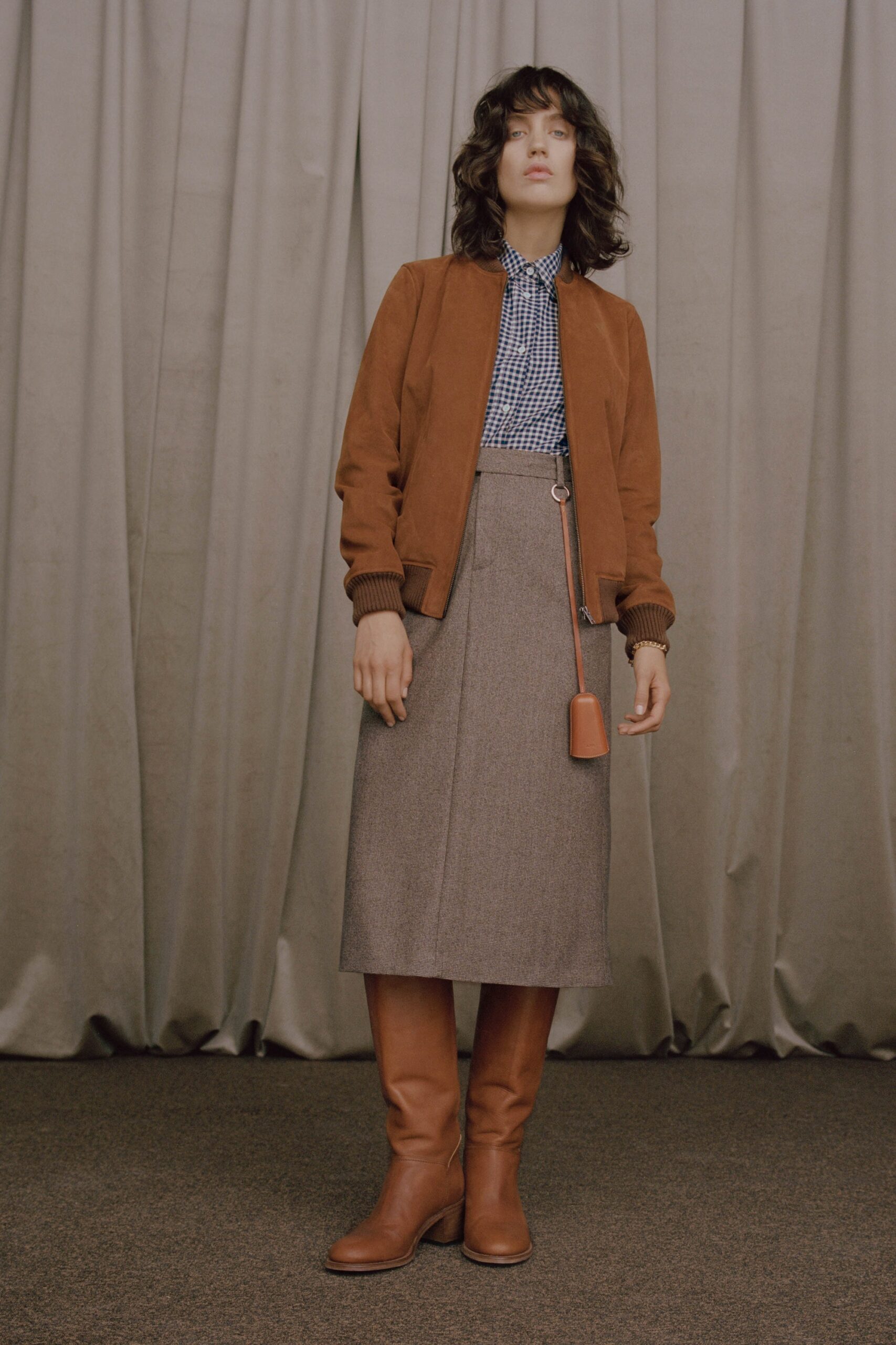 gray wool tailored pencil midi skirt