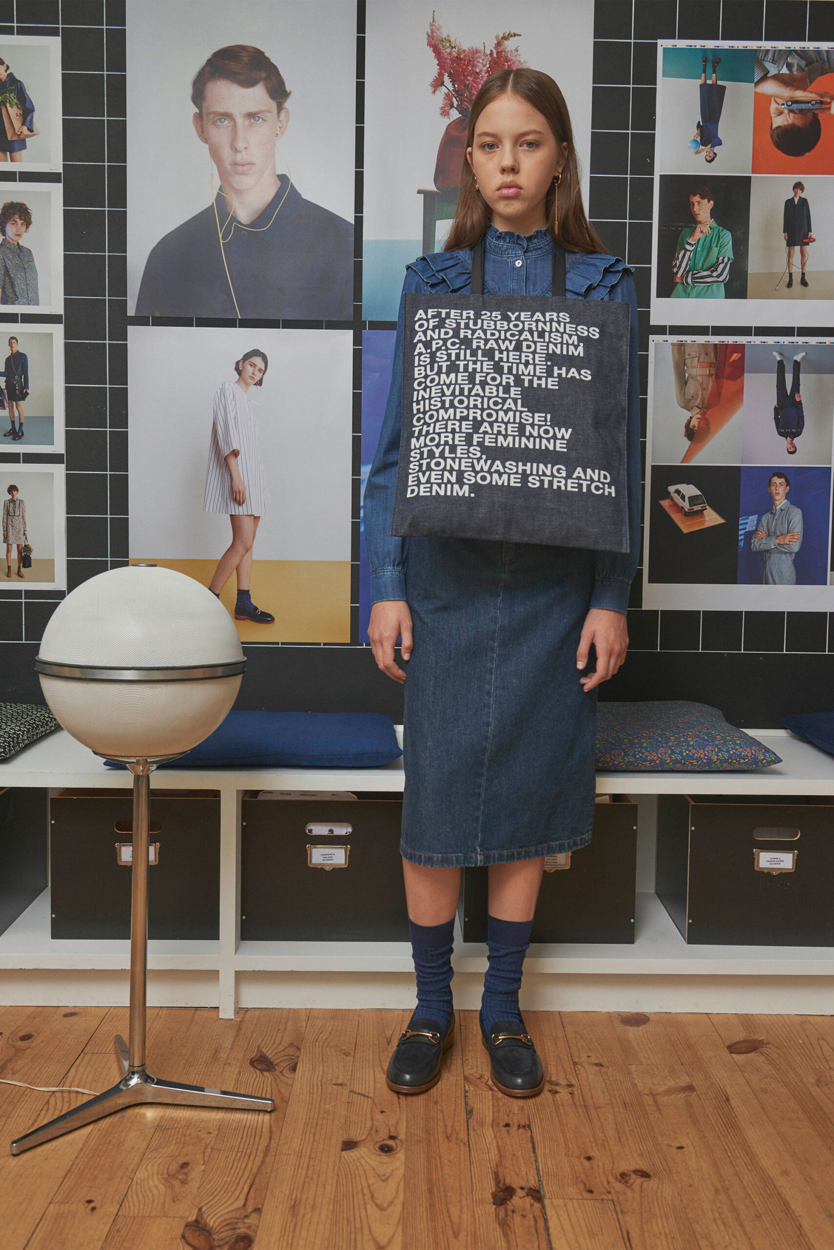 blue denim long-sleeve collared relaxed buttoned top