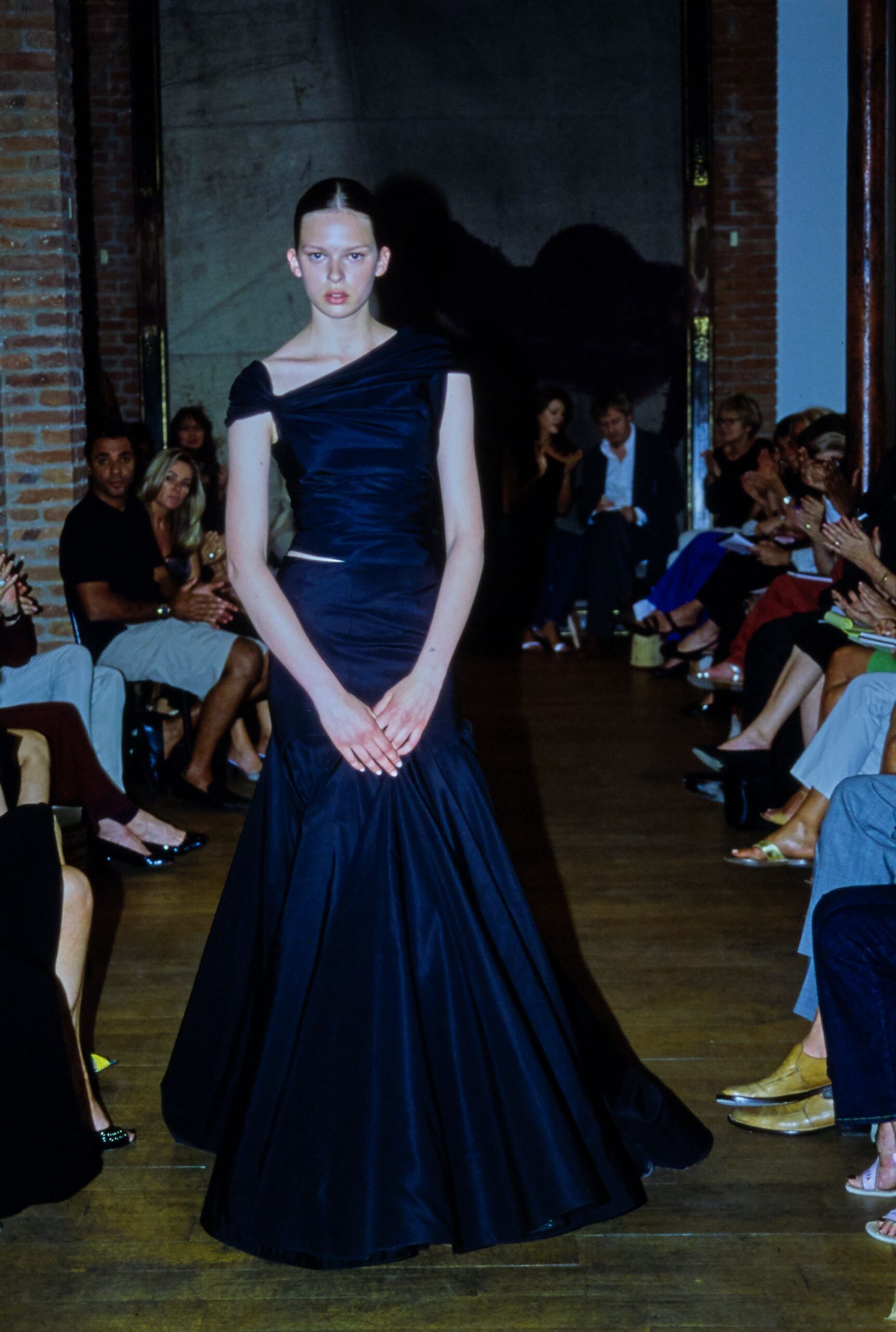 black silk off-shoulder gown
