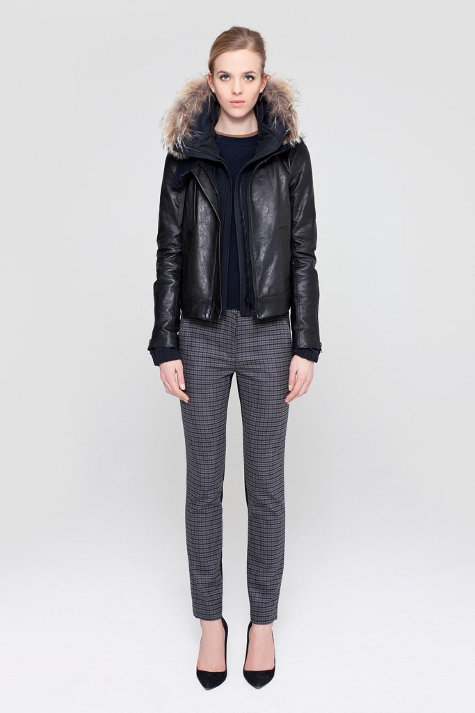 black leather jacket with navy top