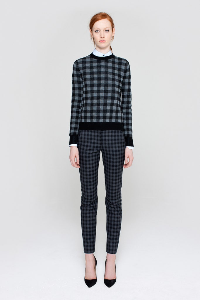 checked sweater and slim pants