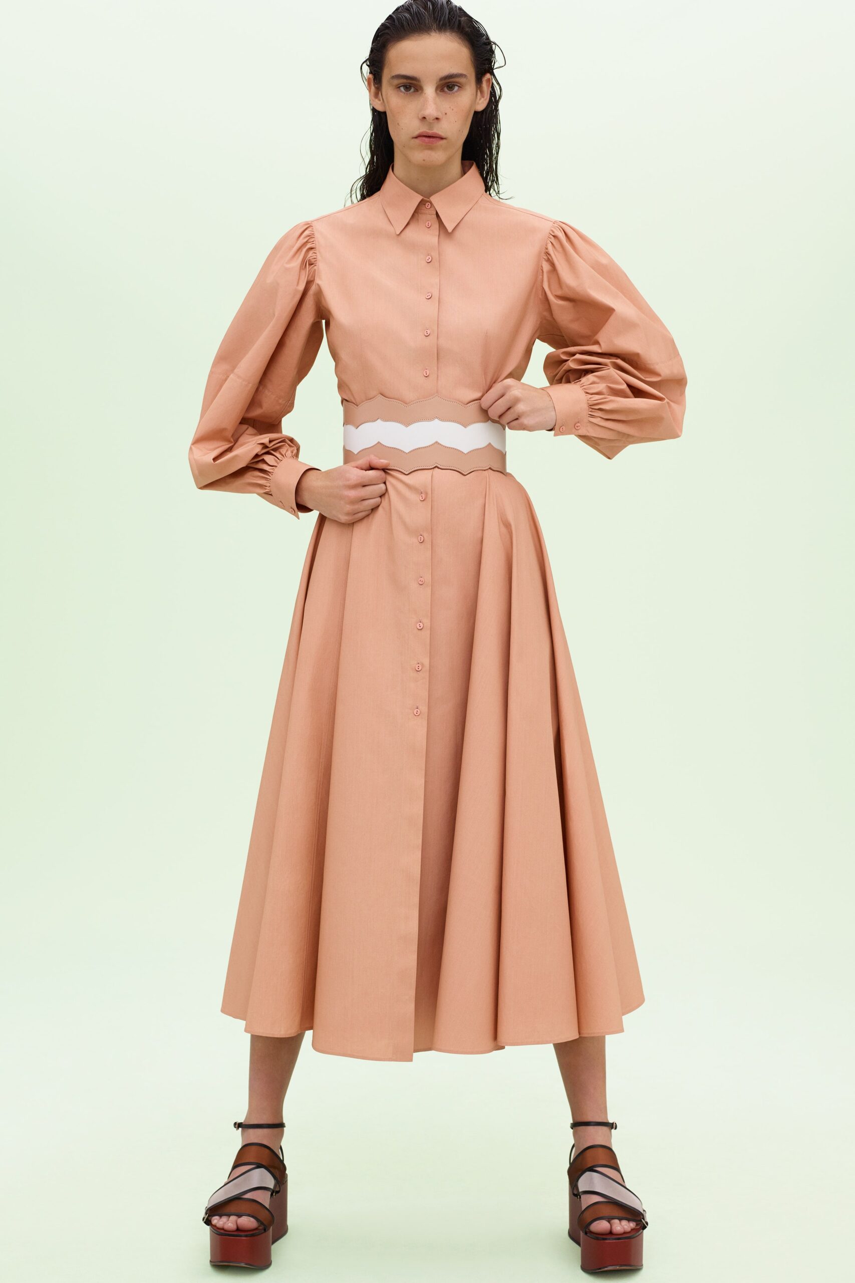 peach cotton collared midi dress
