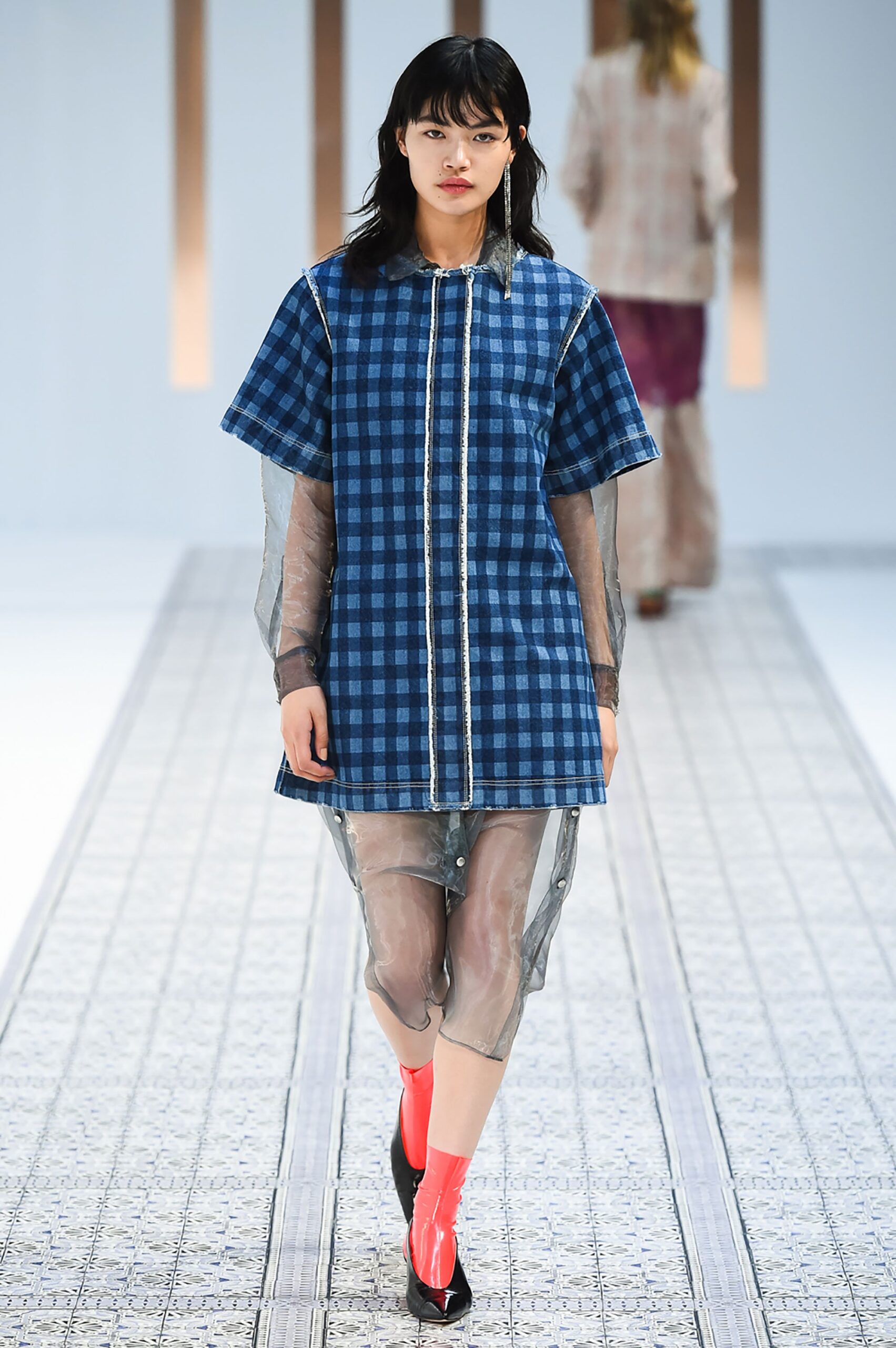 blue checked short dress with sheer pants