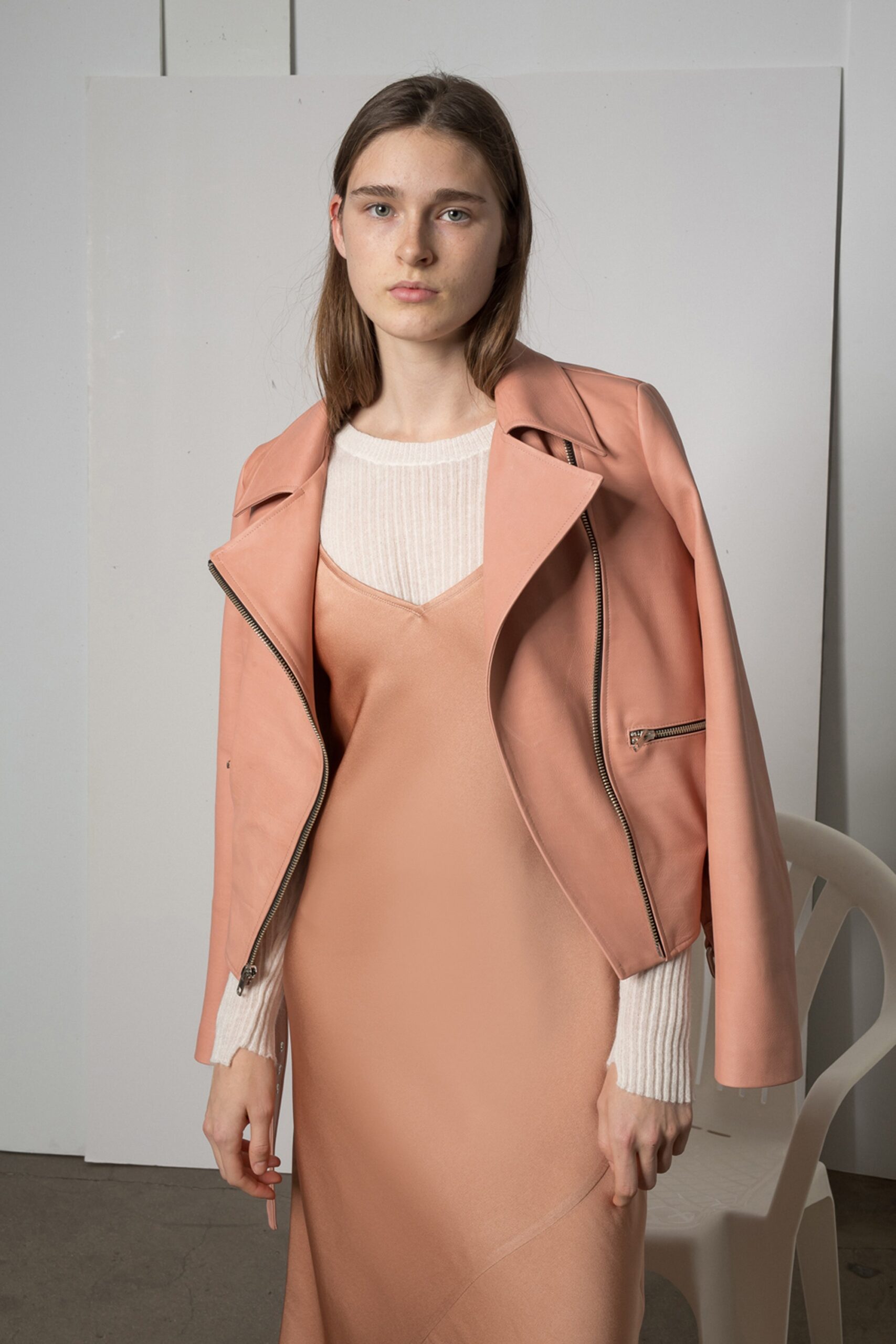 pink leather long-sleeve collared fitted zippered jacket