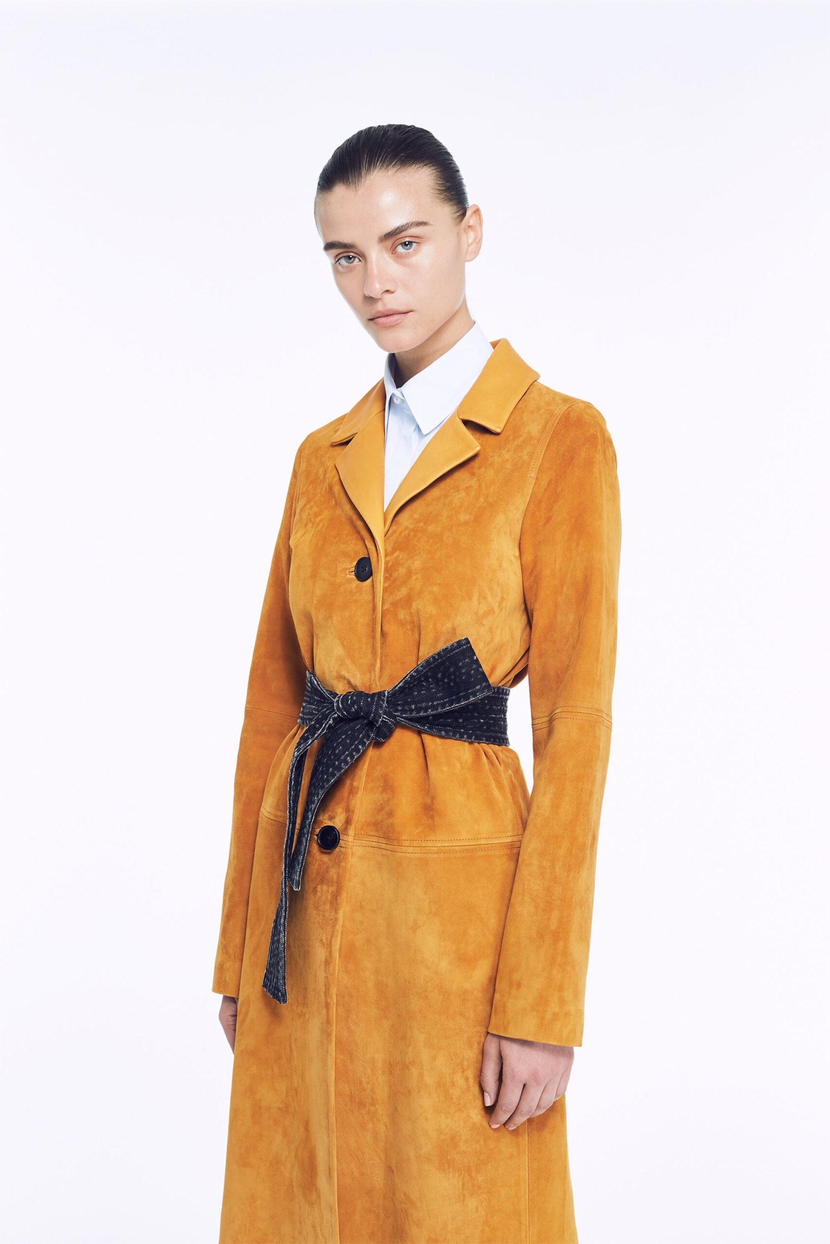 orange suede long-sleeve collared fitted belted coat
