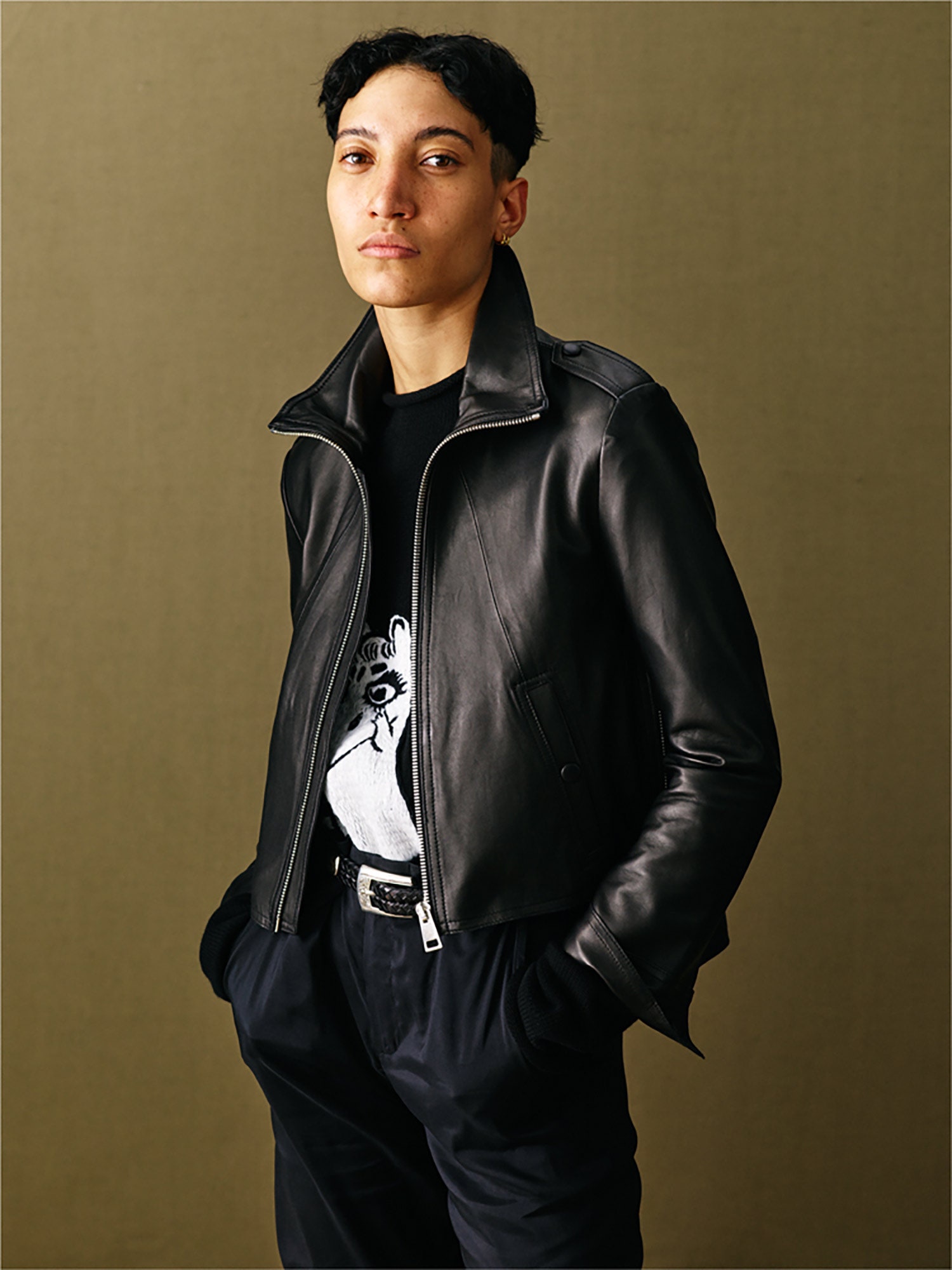 black leather jacket and top