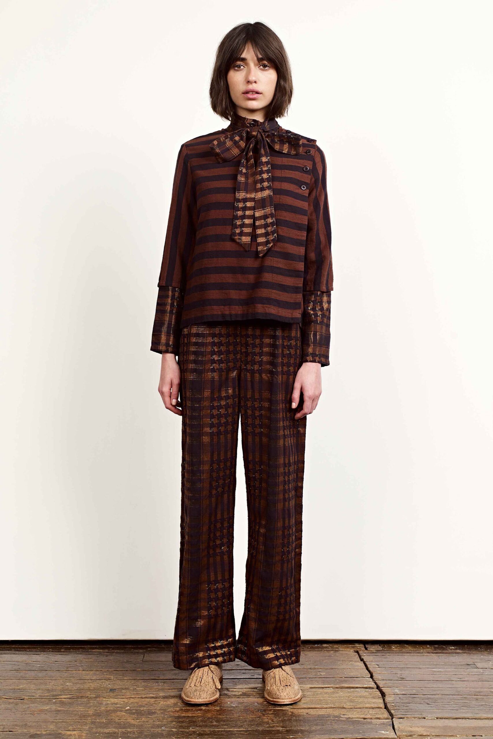 brown silk long-sleeve collared relaxed striped buttoned top