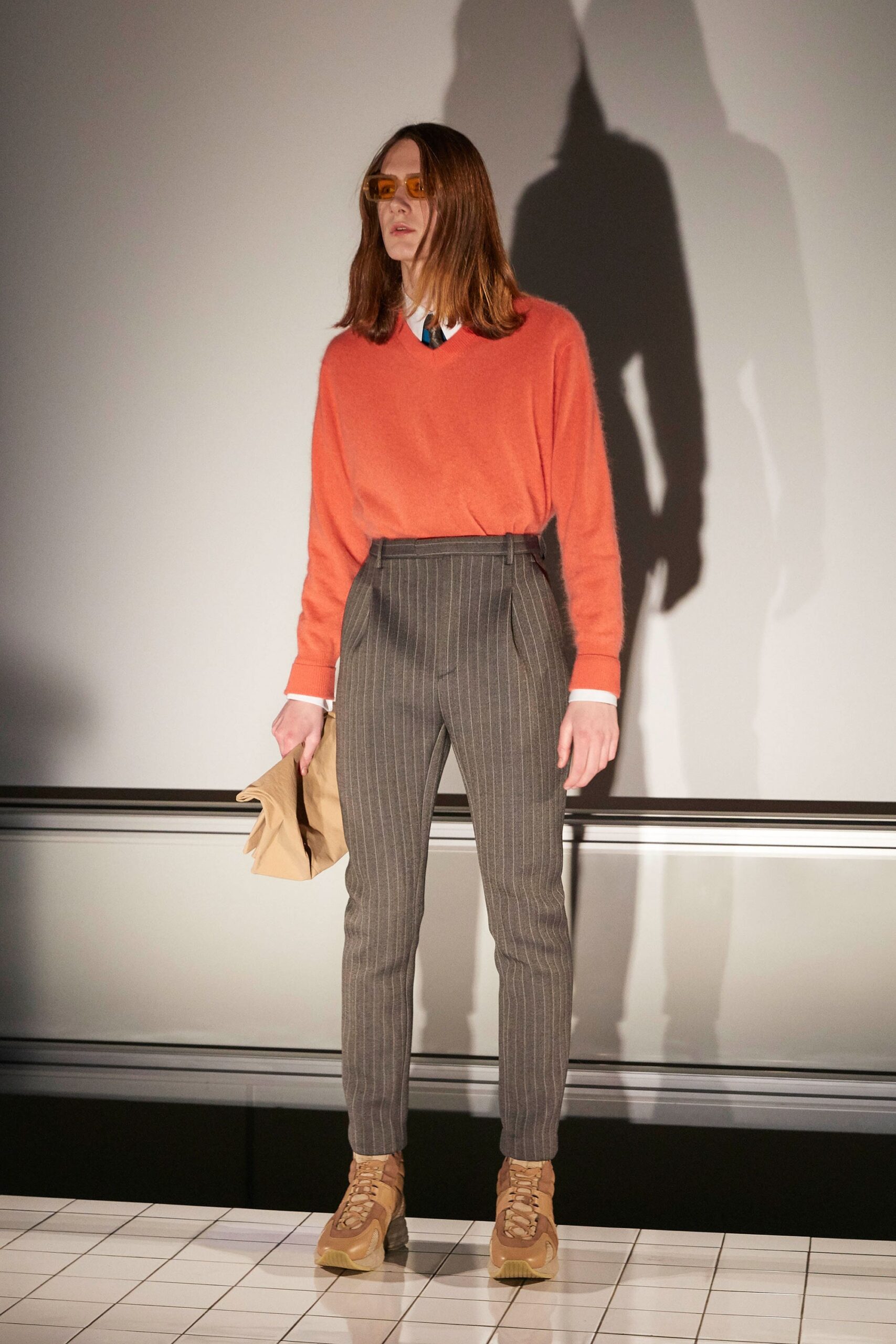 orange wool long-sleeve v-neck fitted sweater