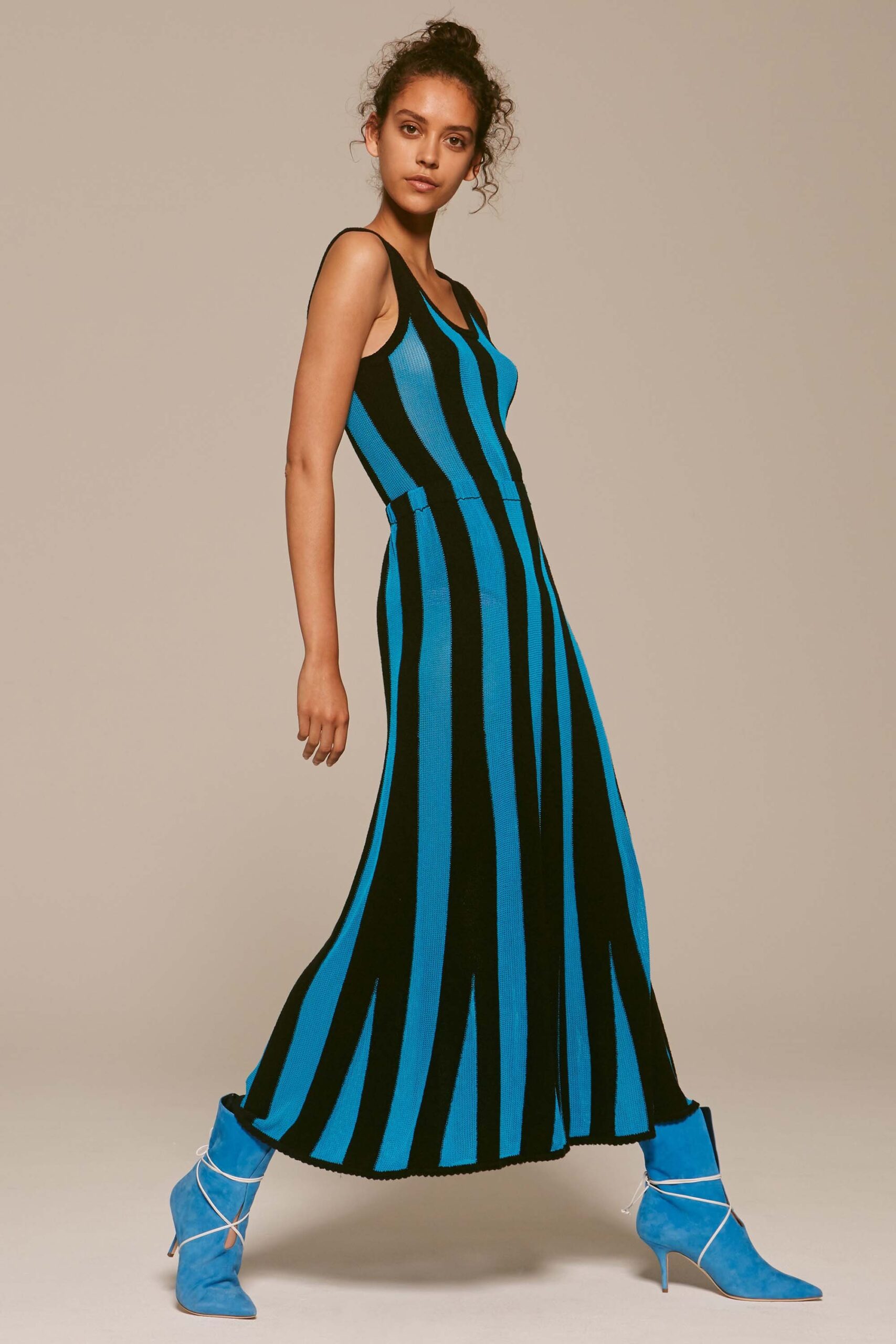 black and blue striped midi dress