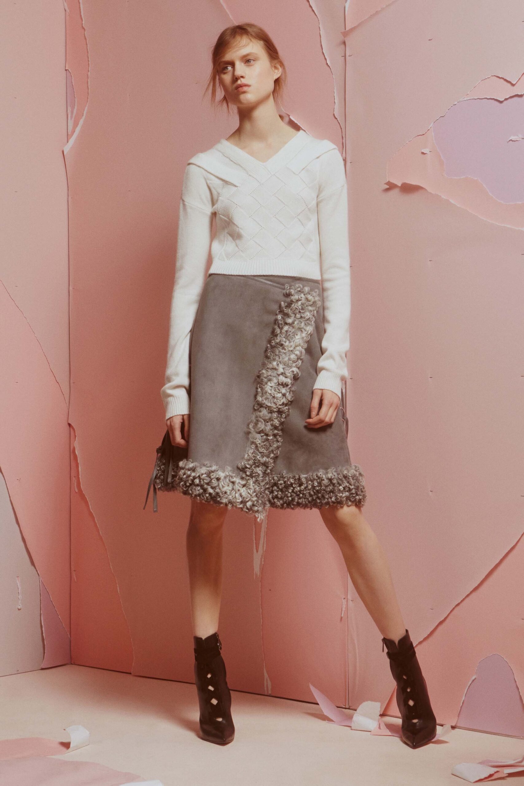 gray suede asymmetric fitted fringed skirt