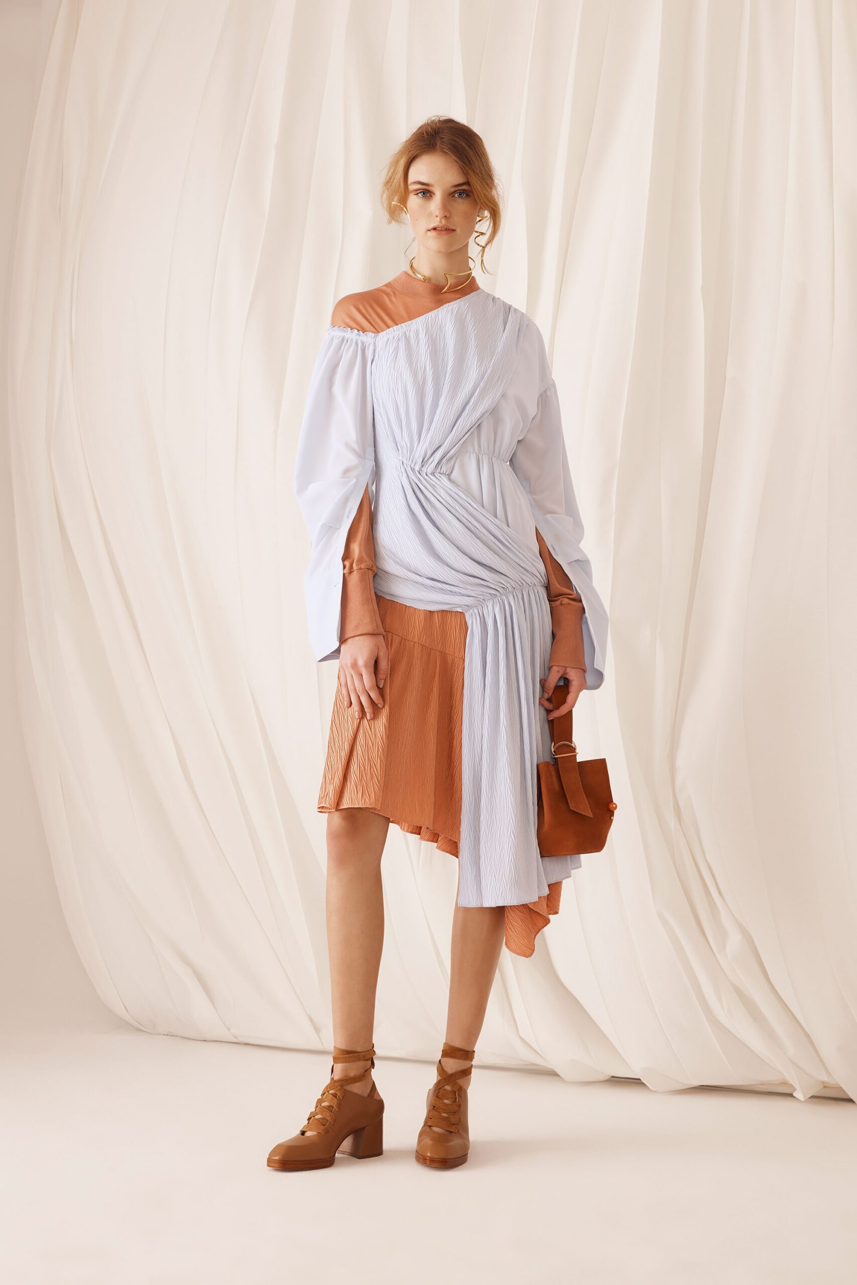 blue cotton long-sleeve off-shoulder fitted draped midi dress