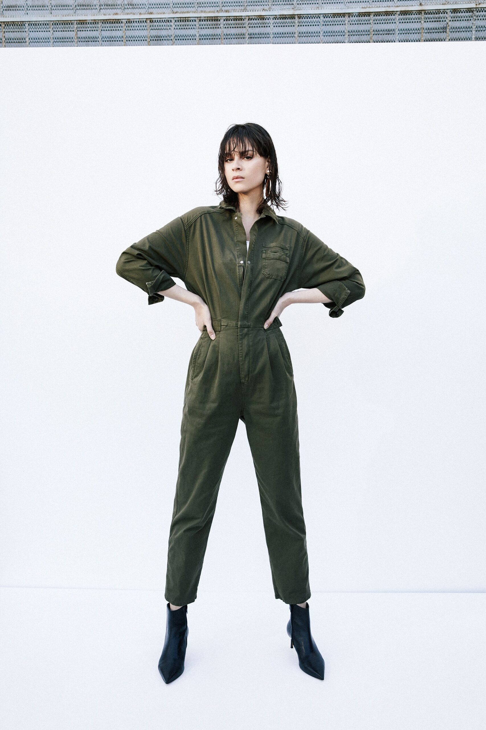 green cotton fitted jumpsuit