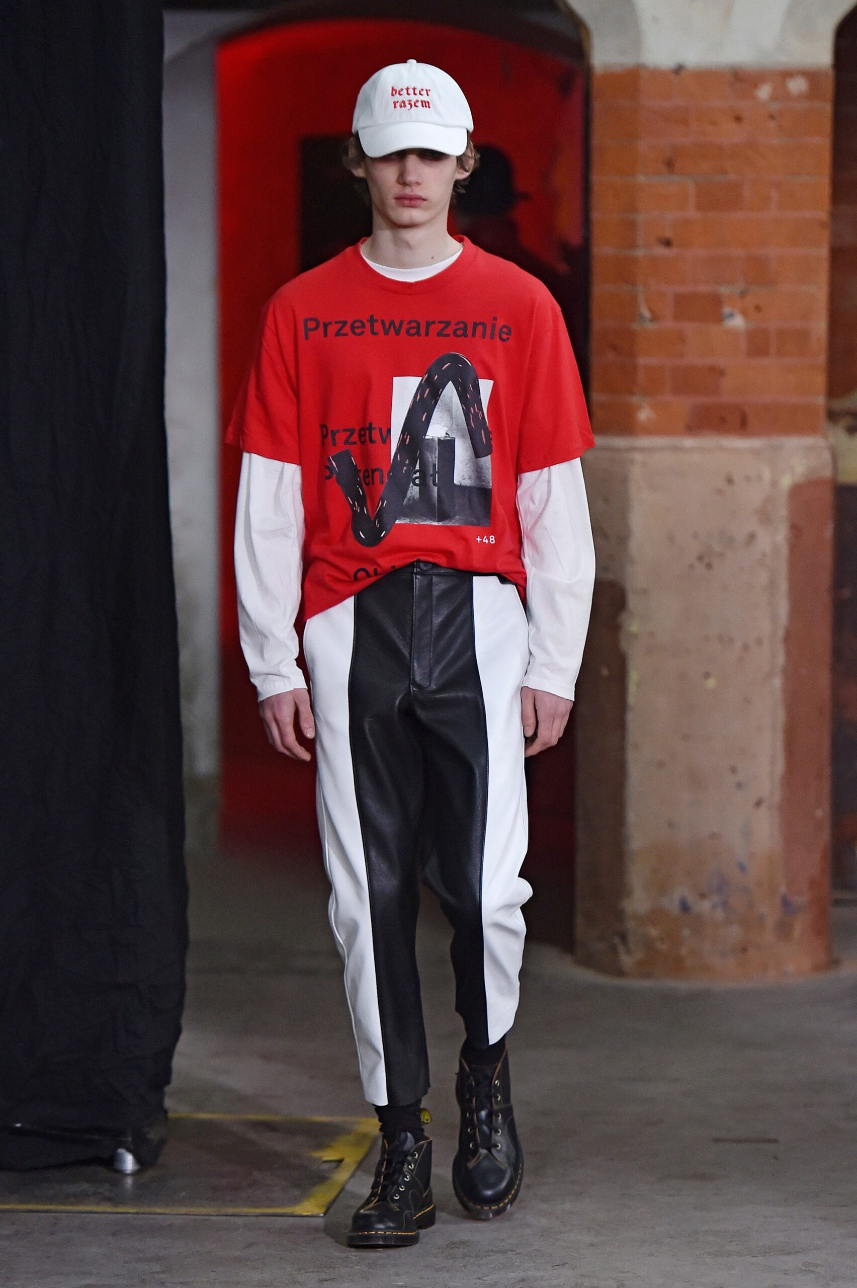 red printed t-shirt with leather pants