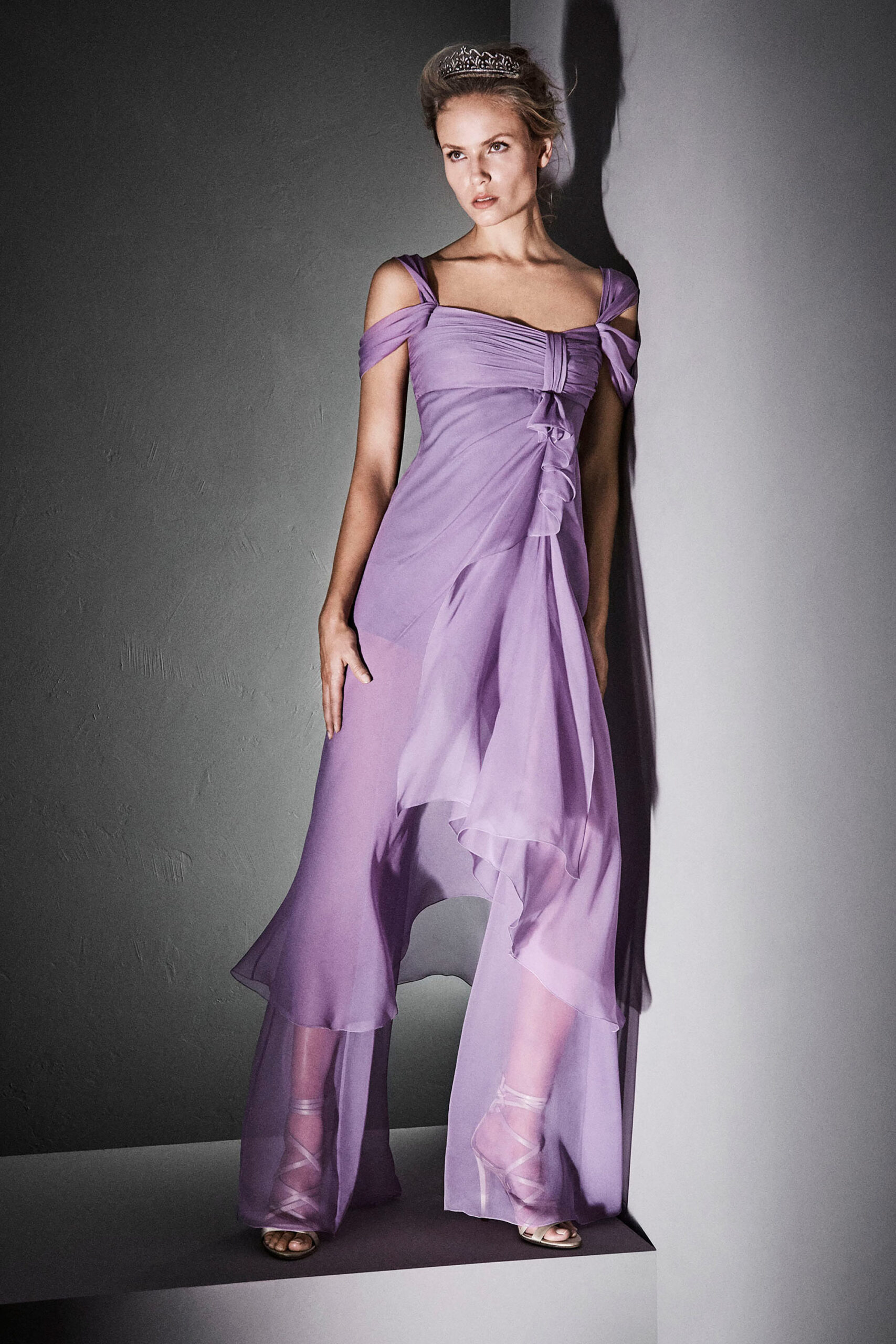 purple chiffon off-shoulder gown