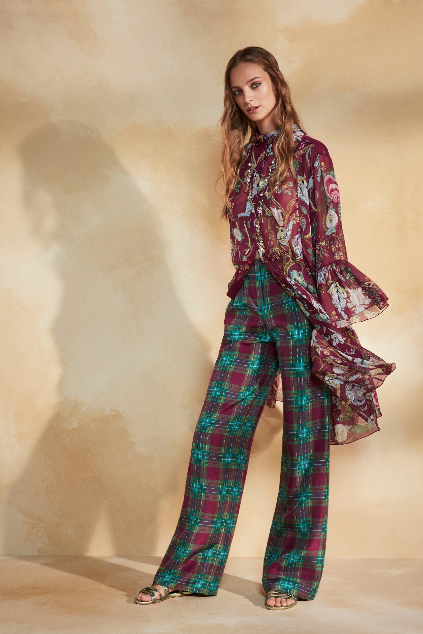 purple silk long-sleeve collared relaxed floral ruffled blouse