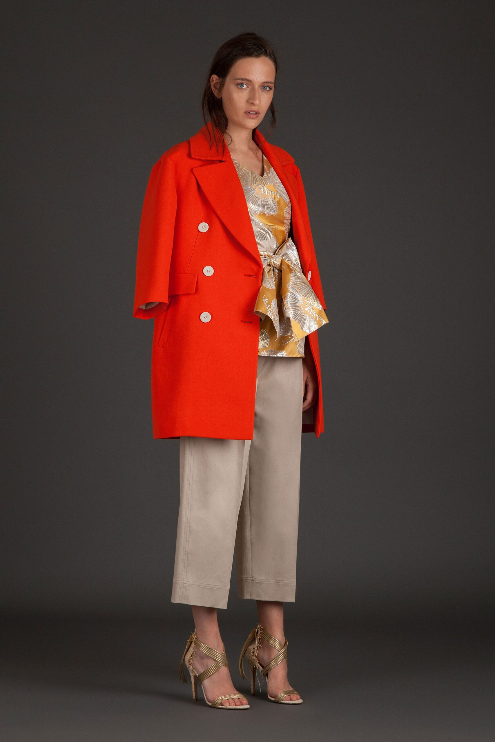 red oversized coat with gold top