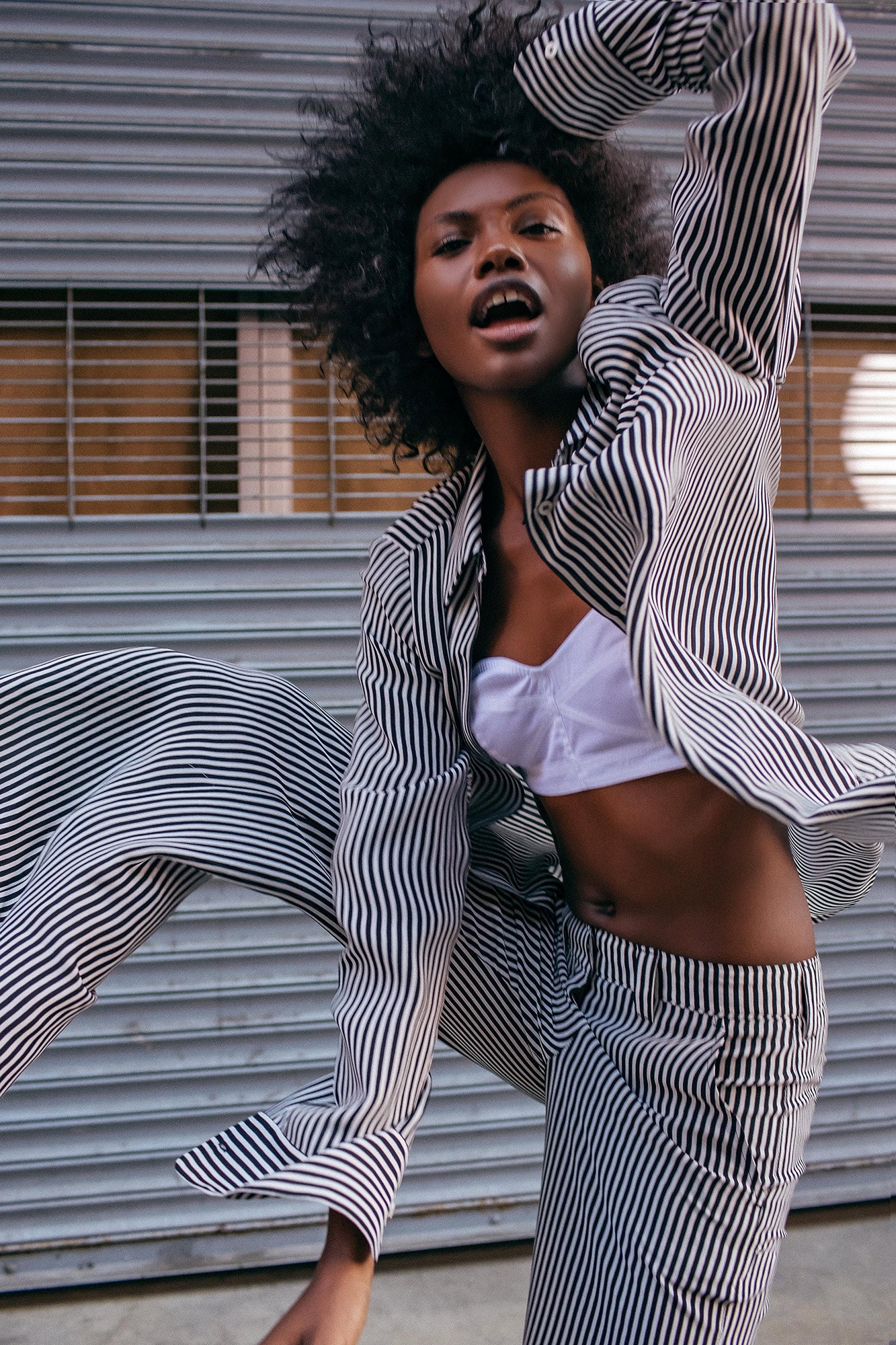 striped black and white blazer and pants