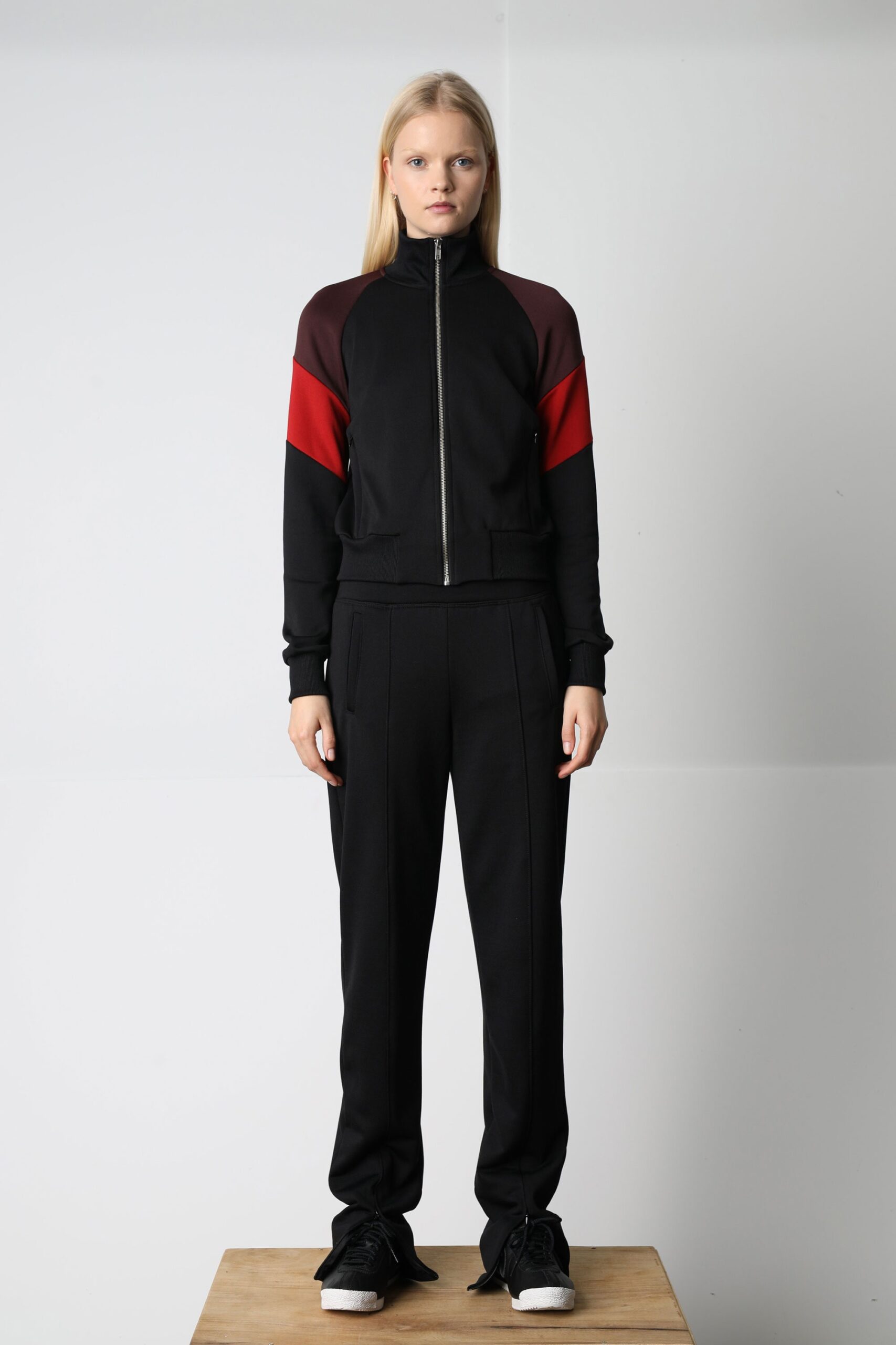 fitted black jacket and pants