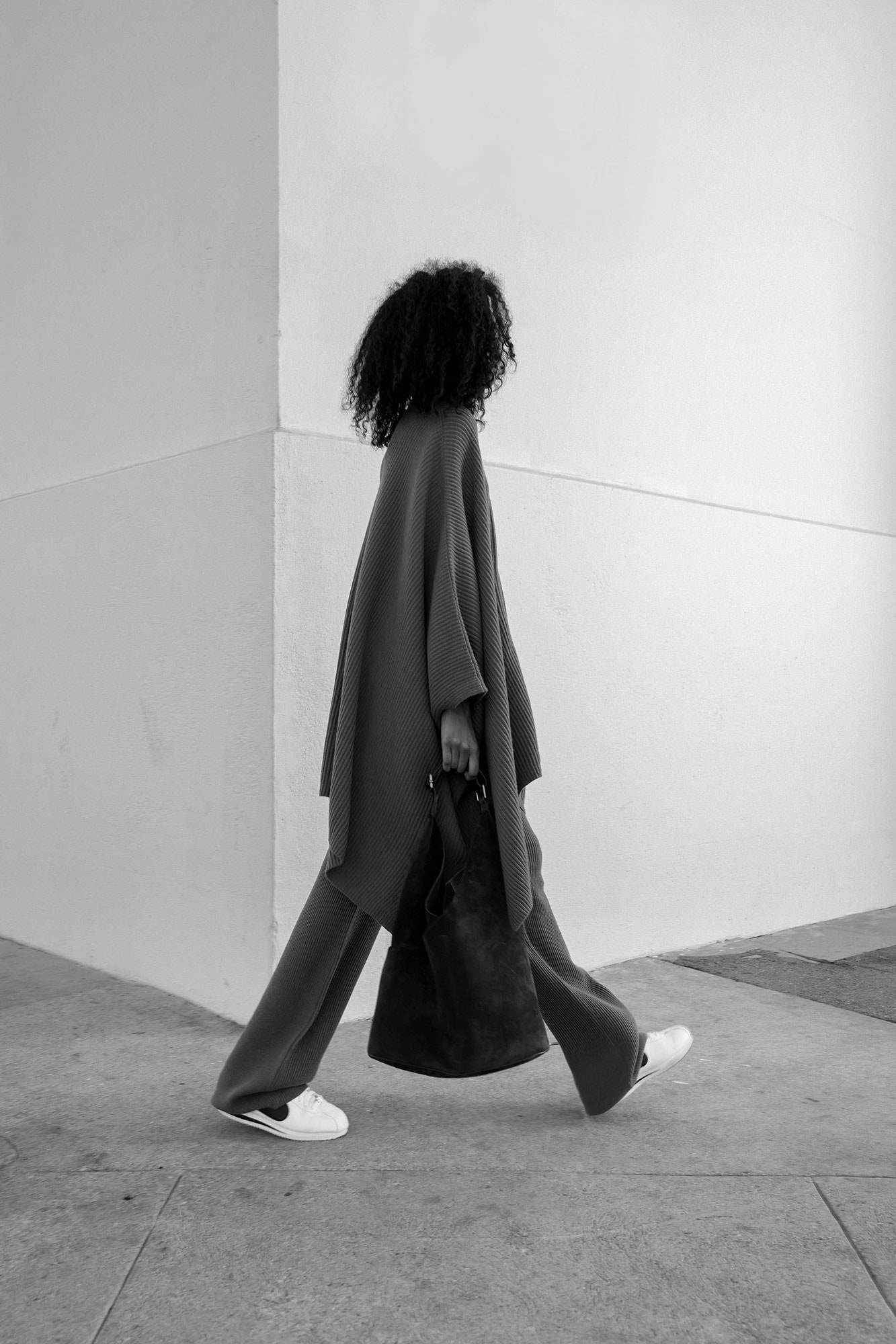 gray oversized poncho with relaxed pants