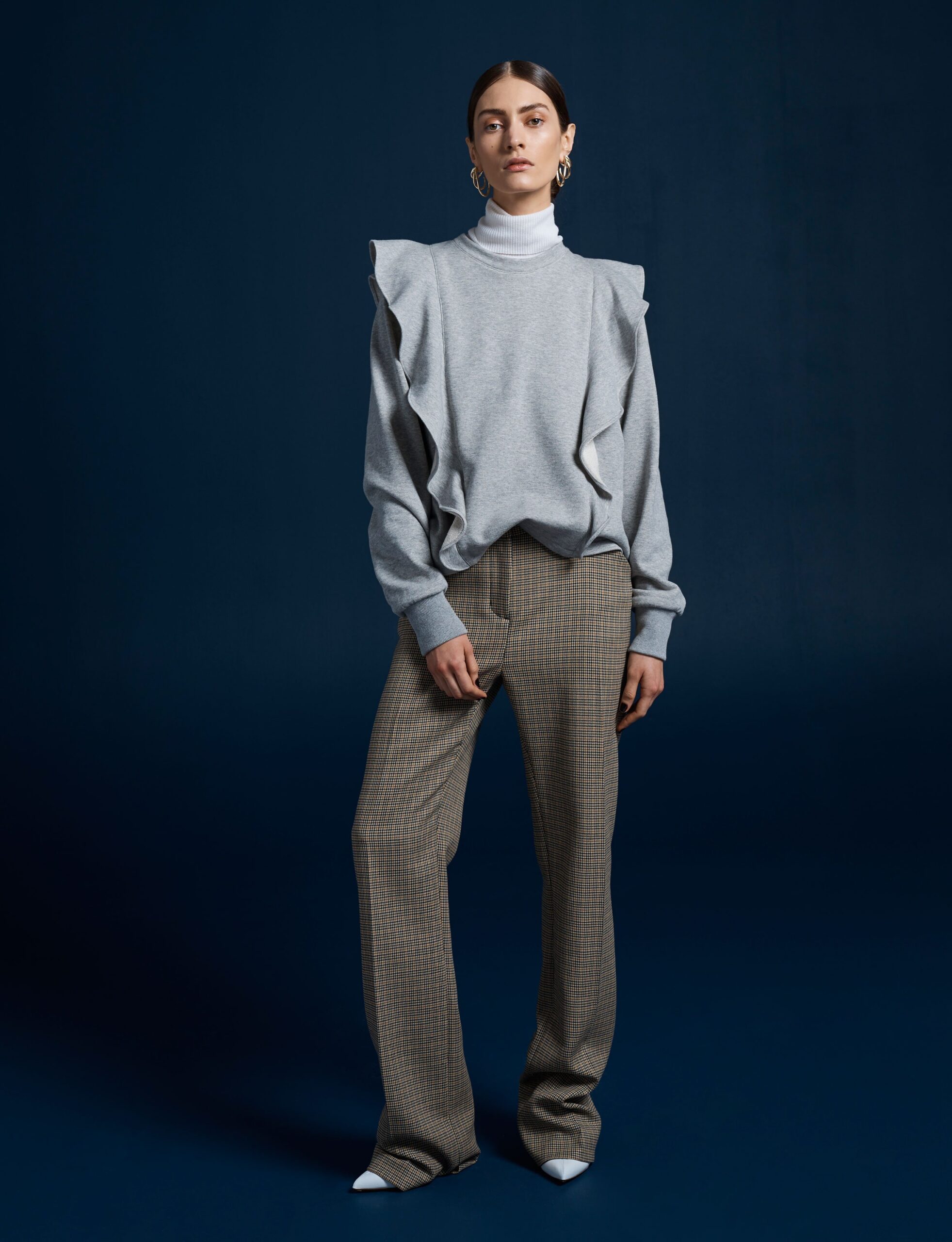 gray cotton long-sleeve high-neck relaxed ruffled sweater