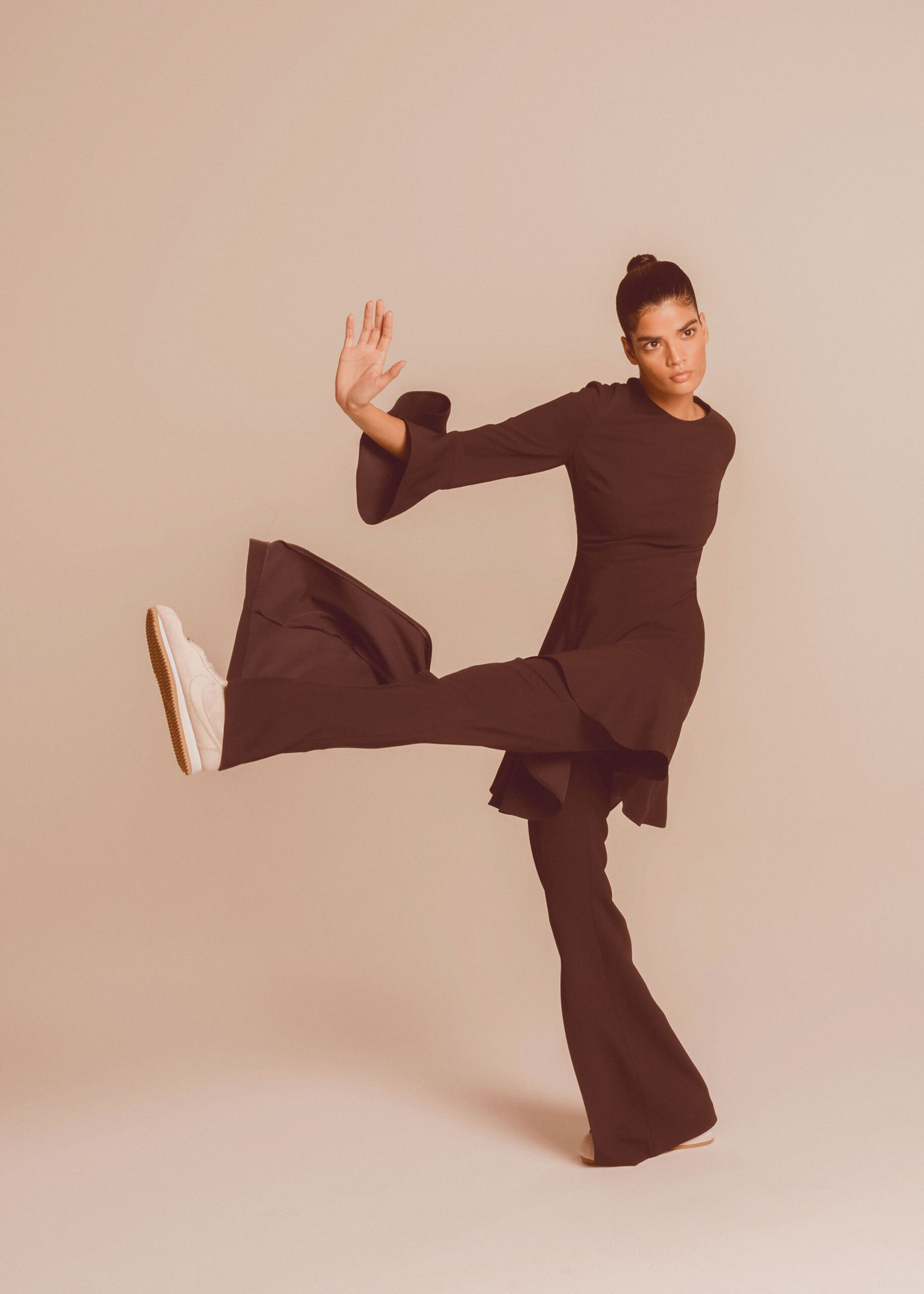 black midi dress with flared pants