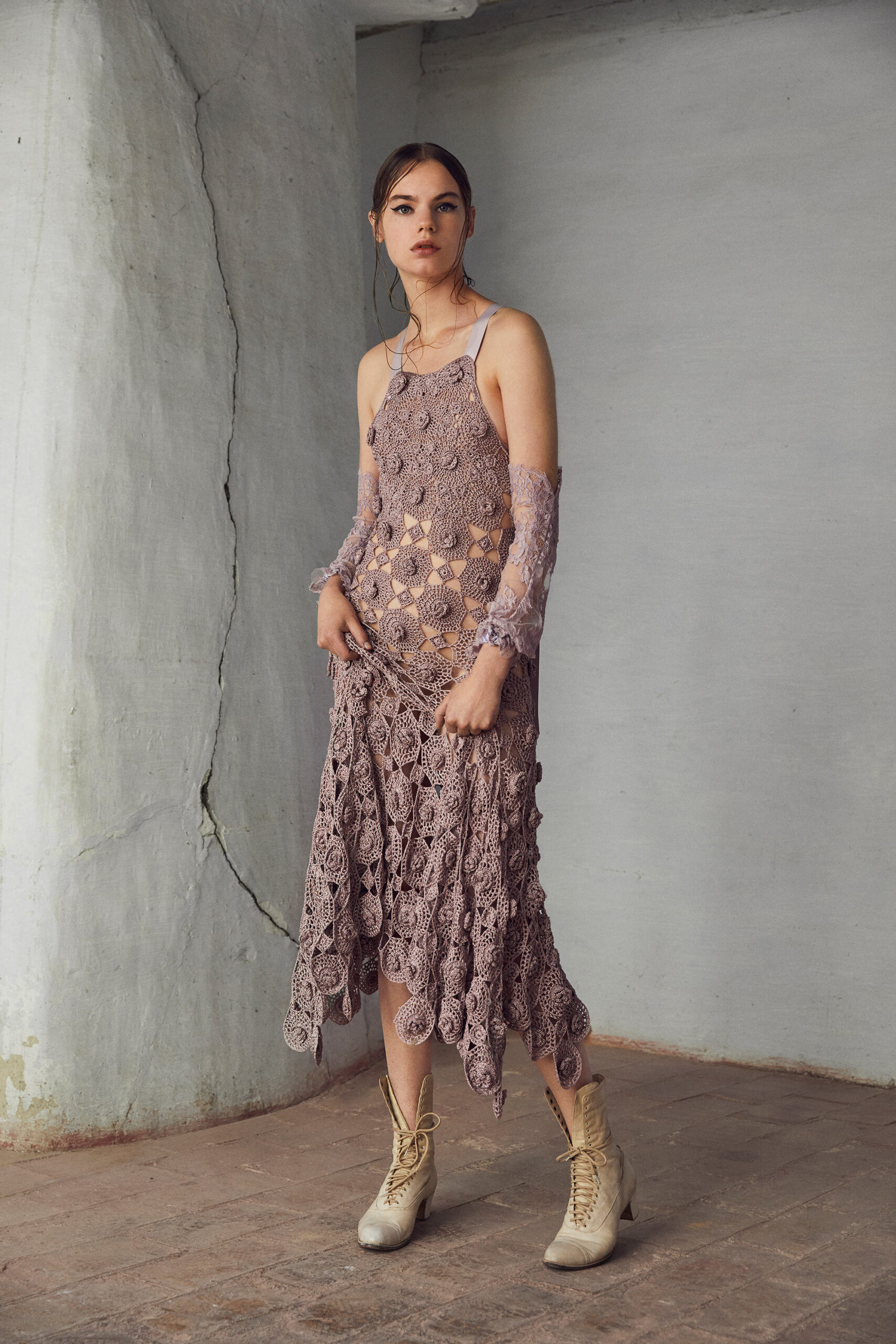 purple crochet midi dress with gloves