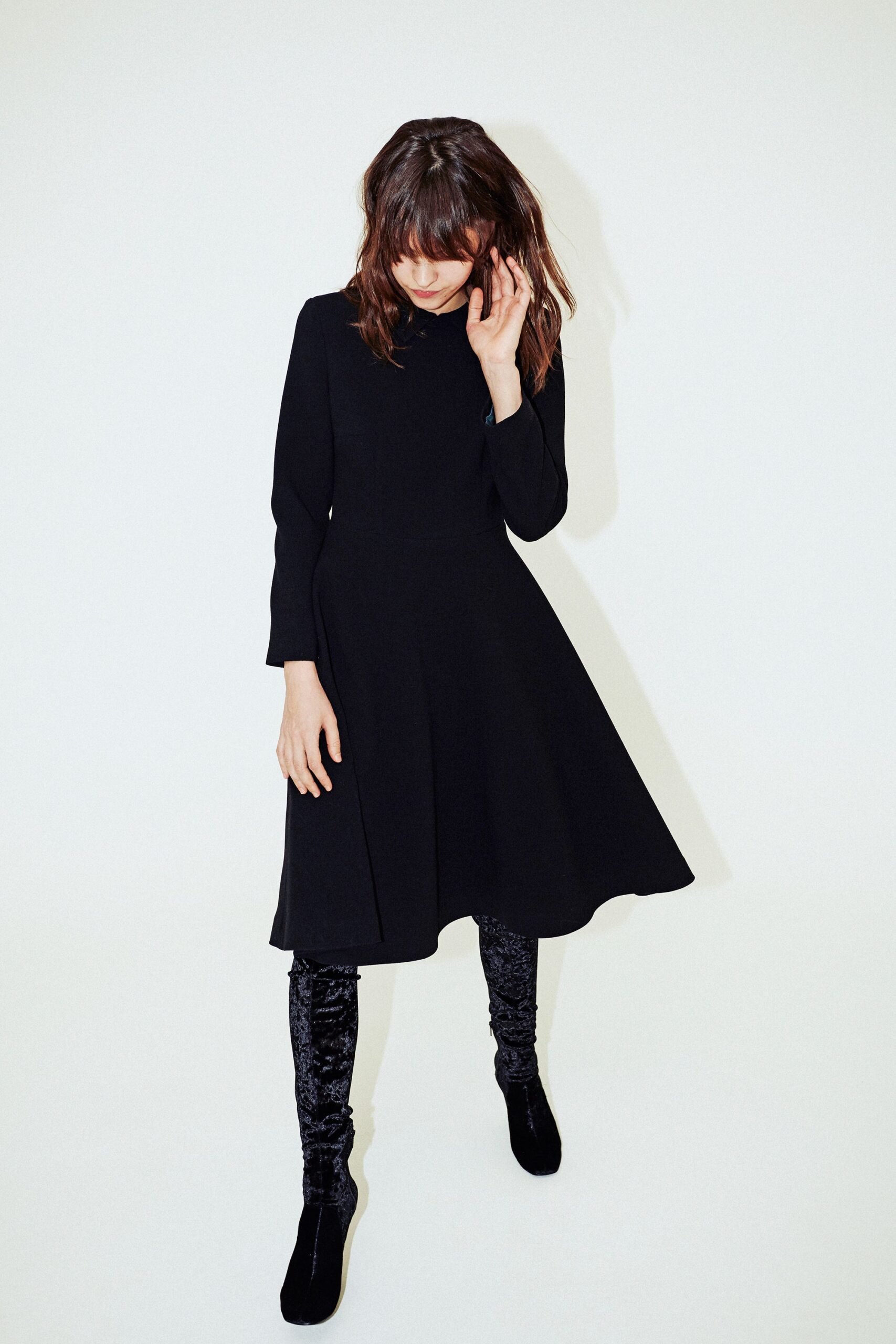 black wool midi dress with velvet pants