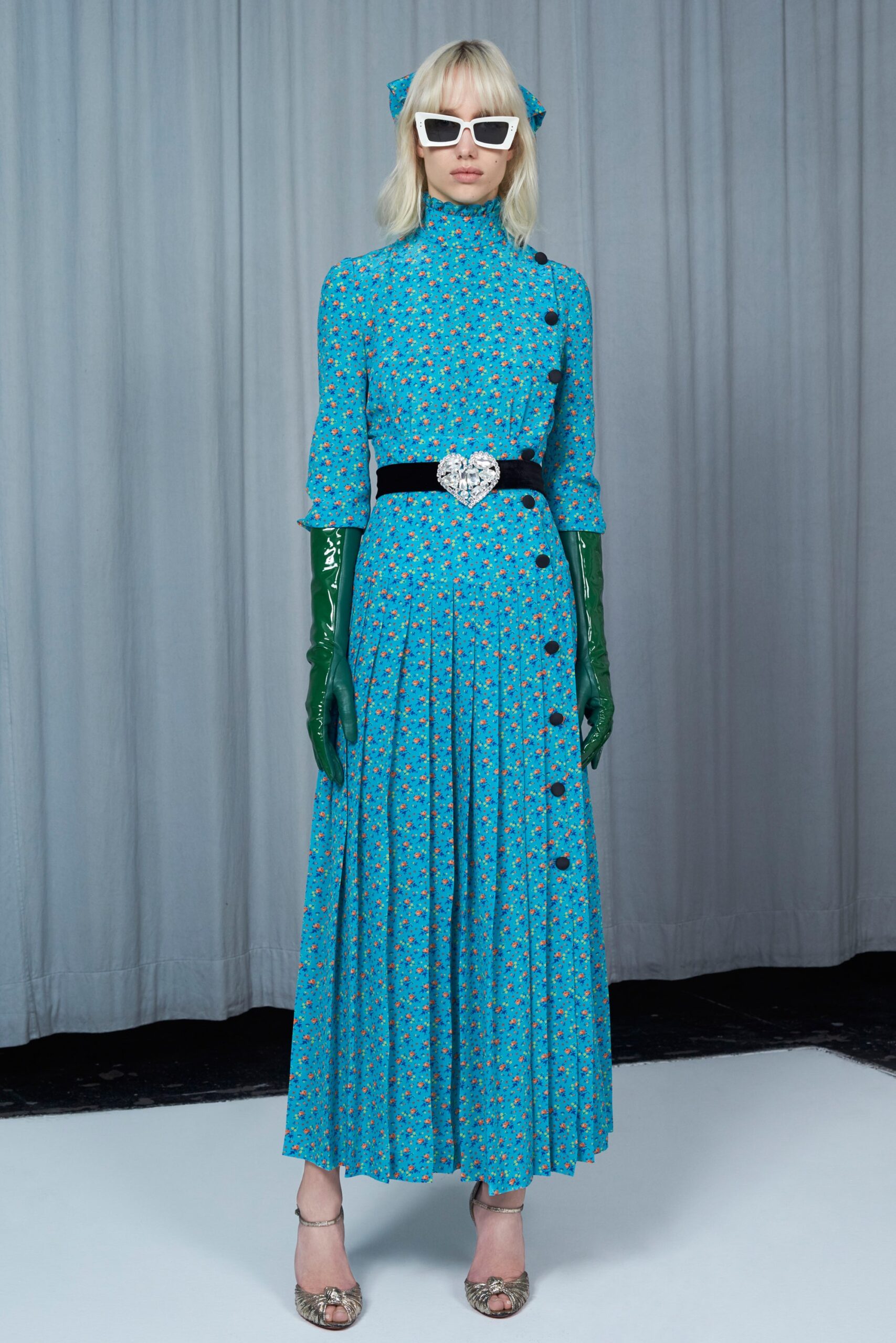 blue pleated maxi dress with gloves
