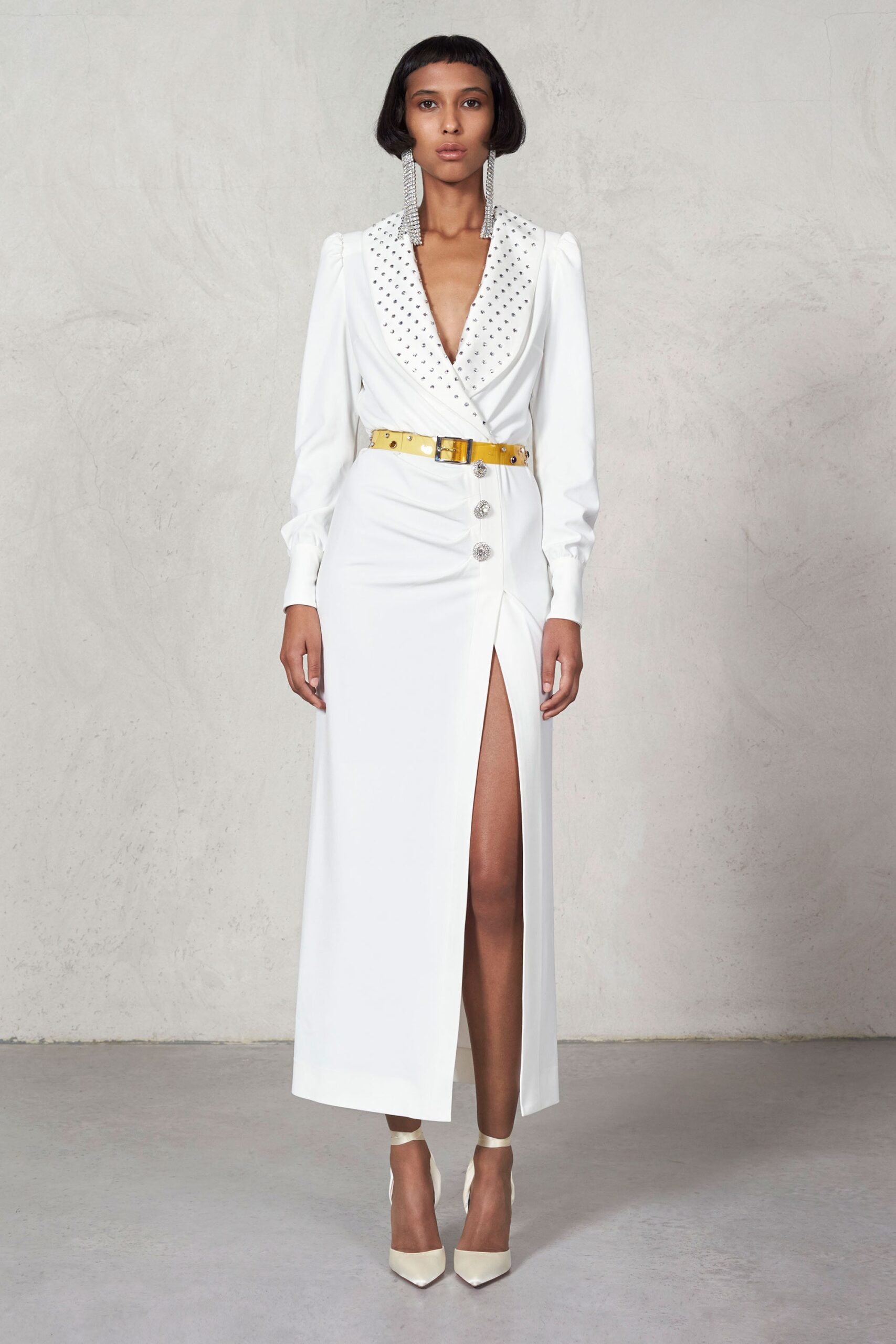 white silk long-sleeve v-neck fitted buttoned belted dress