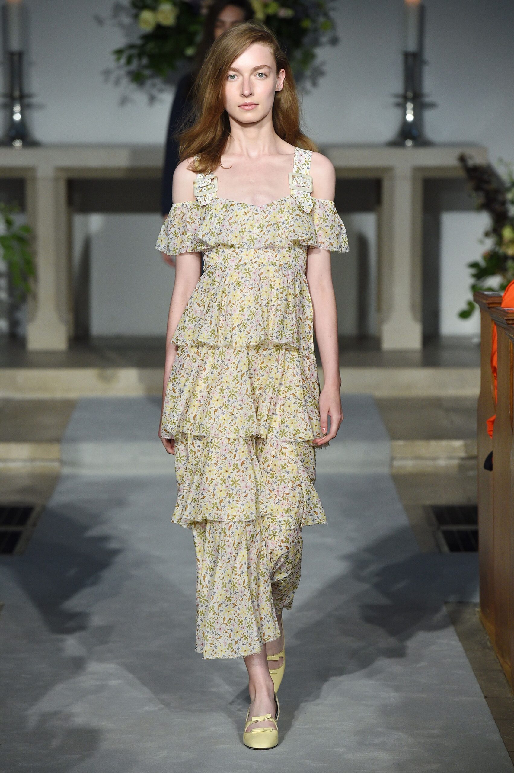 yellow floral tiered midi dress