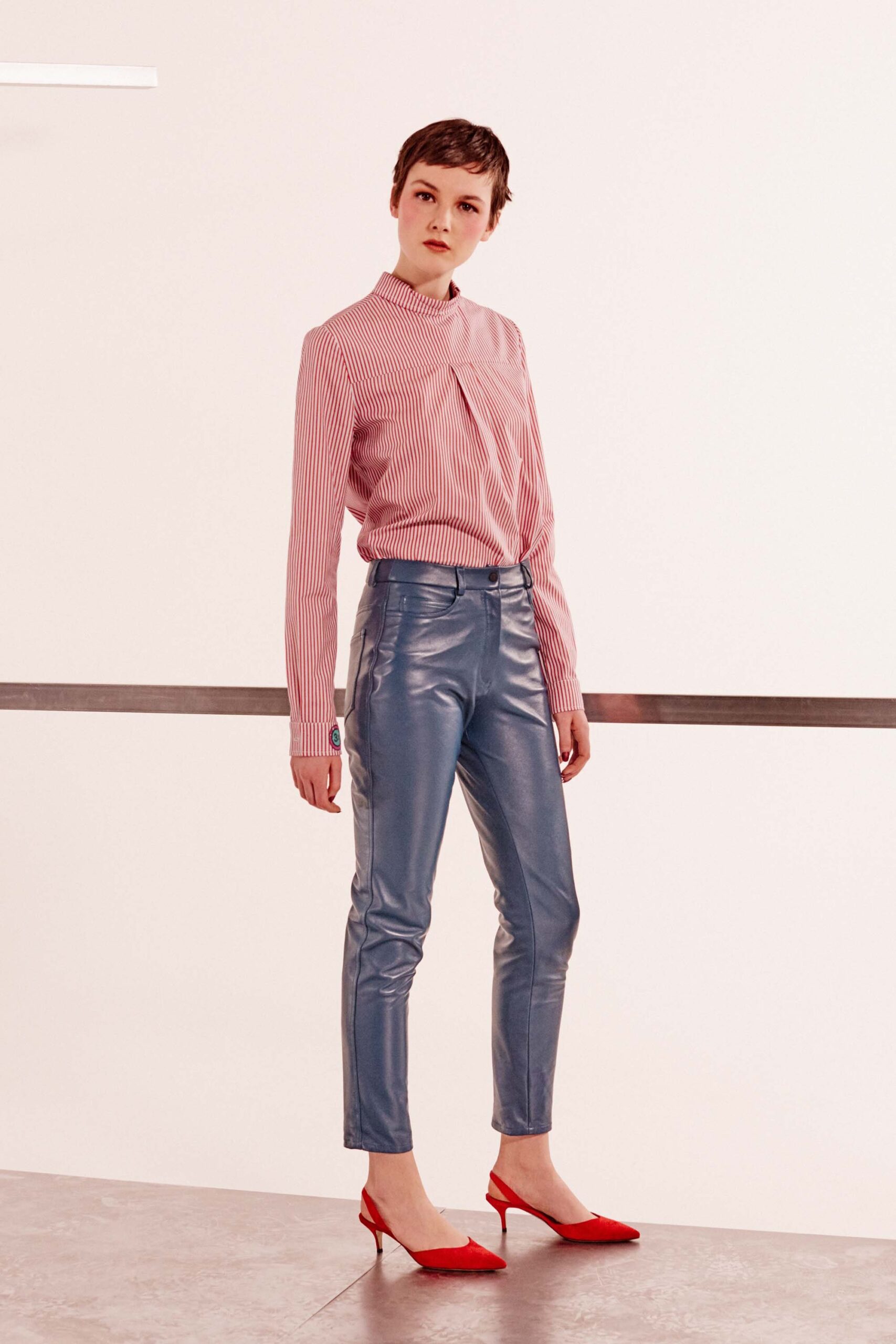 blue vinyl slim shiny pants