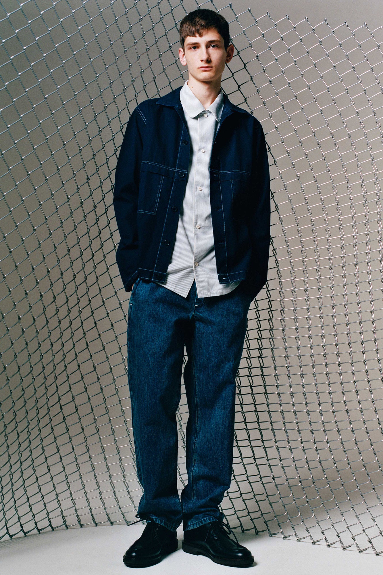 blue denim jacket with white shirt