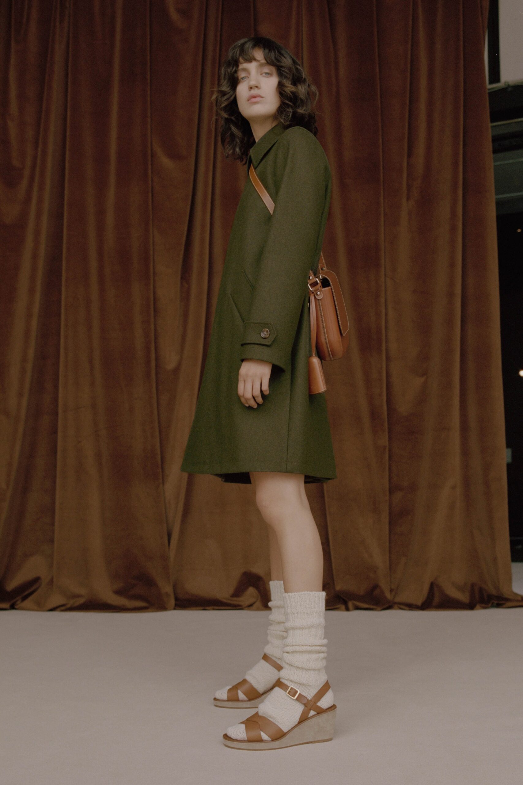 green wool long-sleeve collared fitted a-line mini dress
