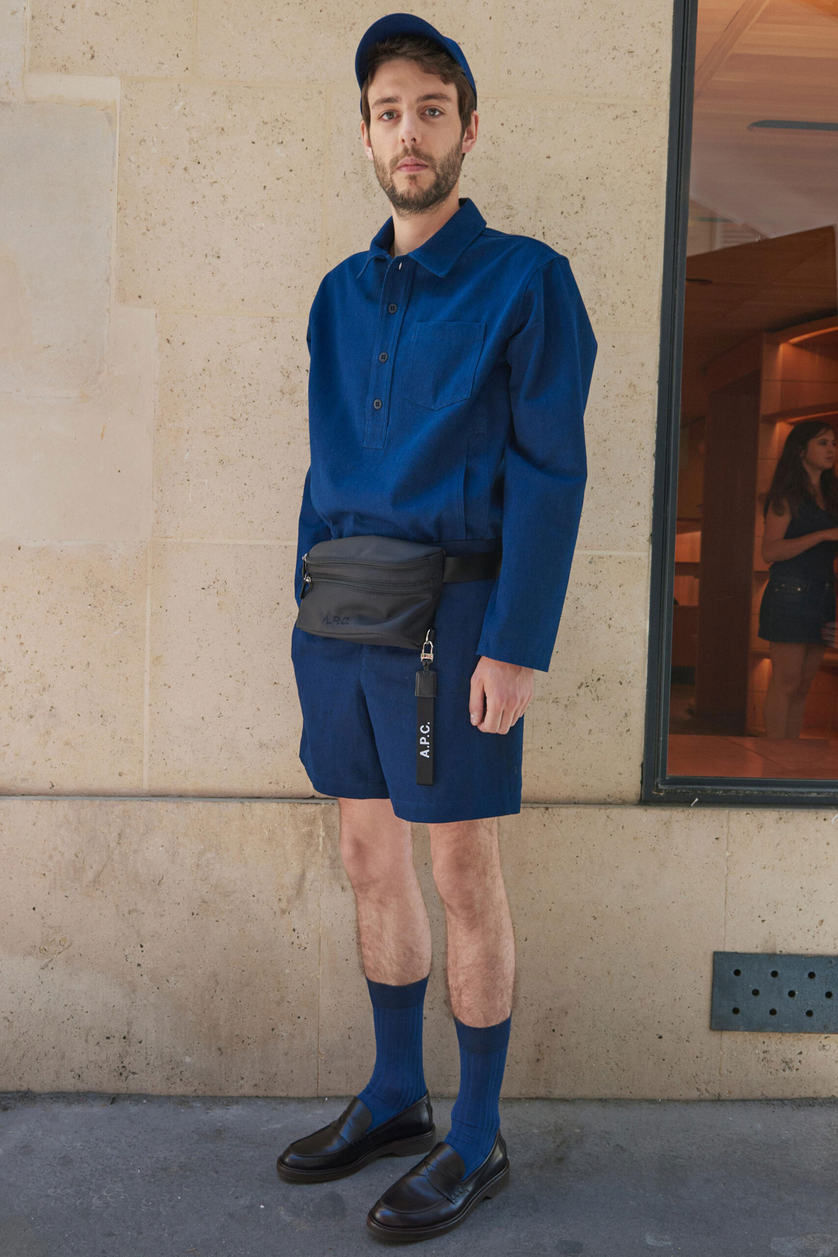 blue denim shirt and shorts