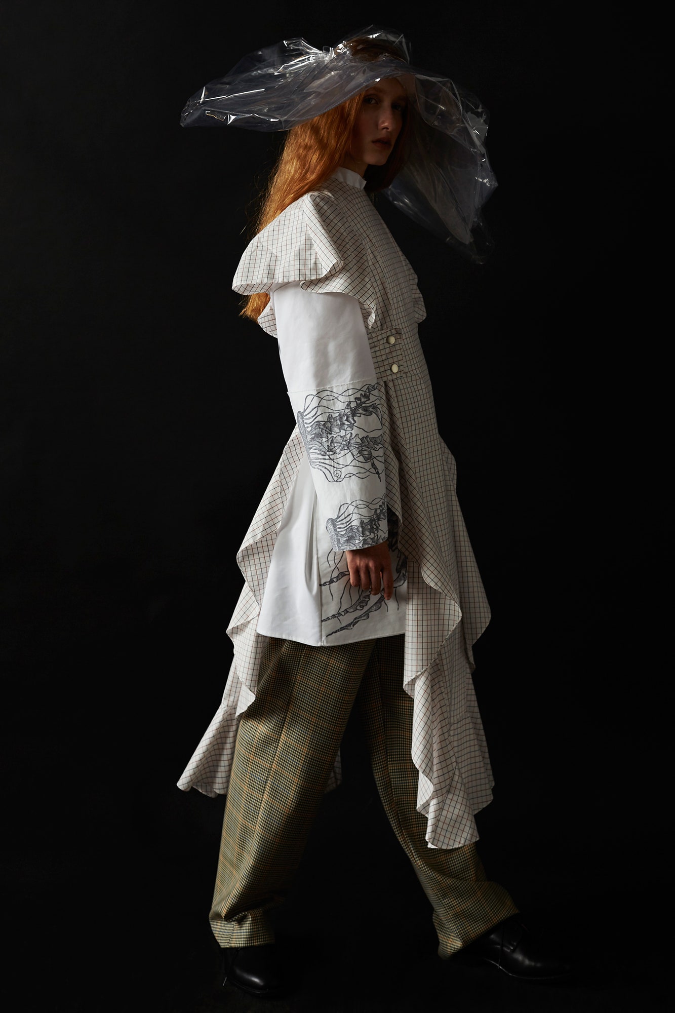 white midi dress with checked pants