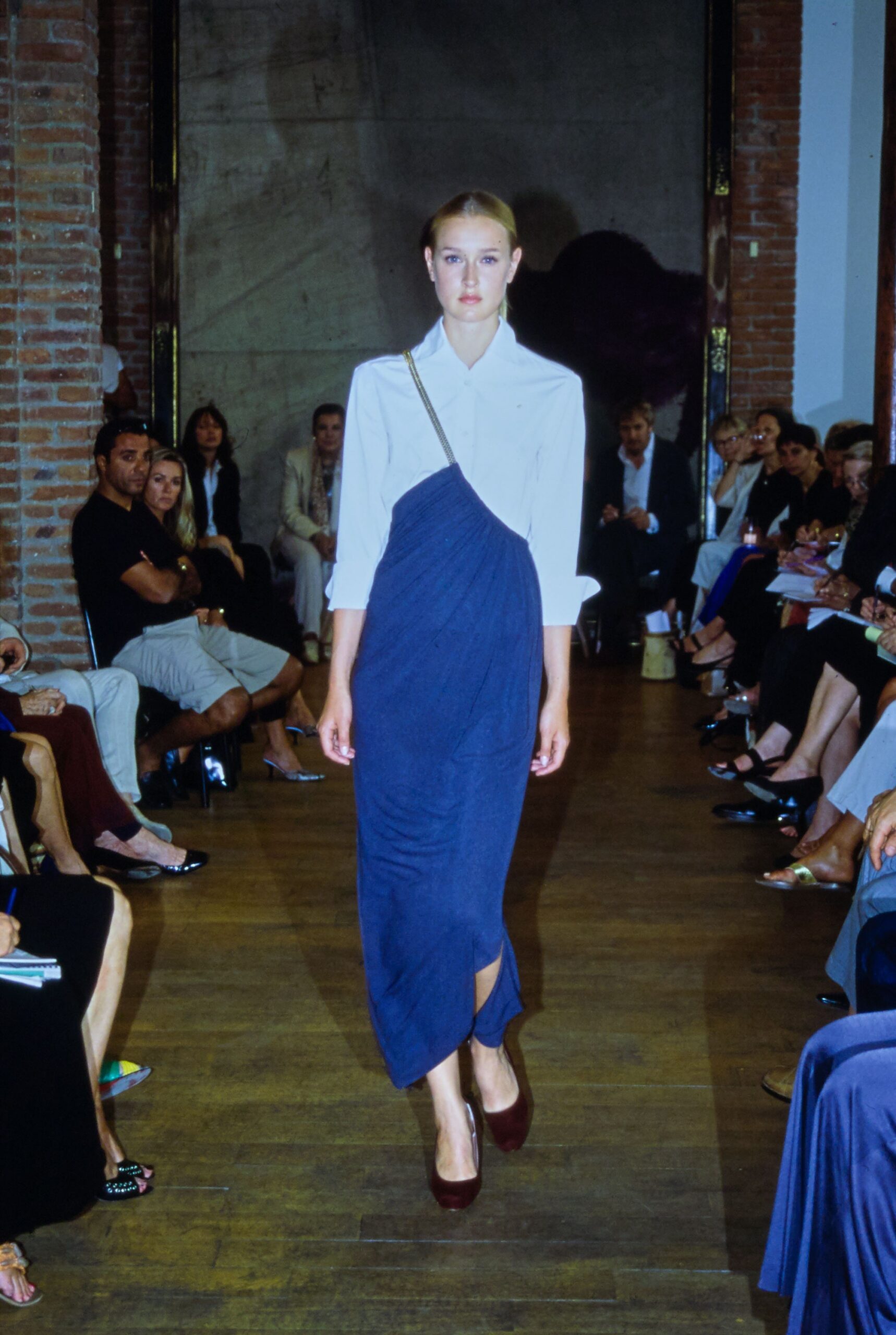 blue draped midi dress with white shirt