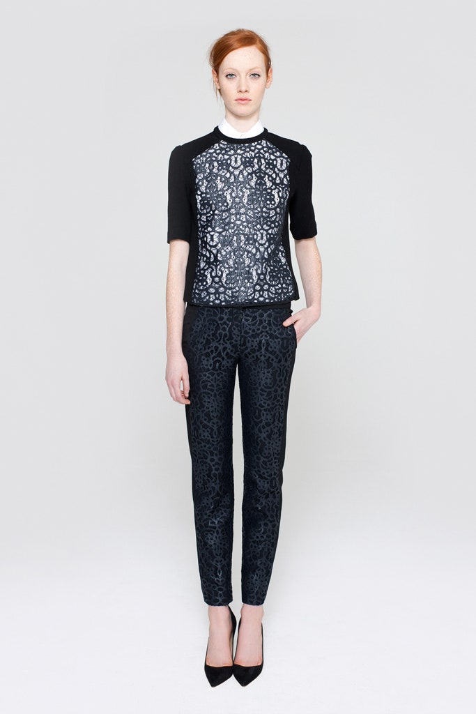 black and white fitted top with slim pants