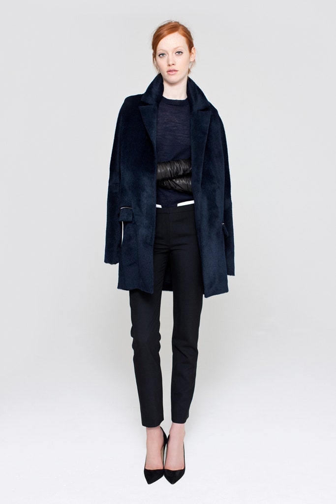 navy faux-fur coat with black top