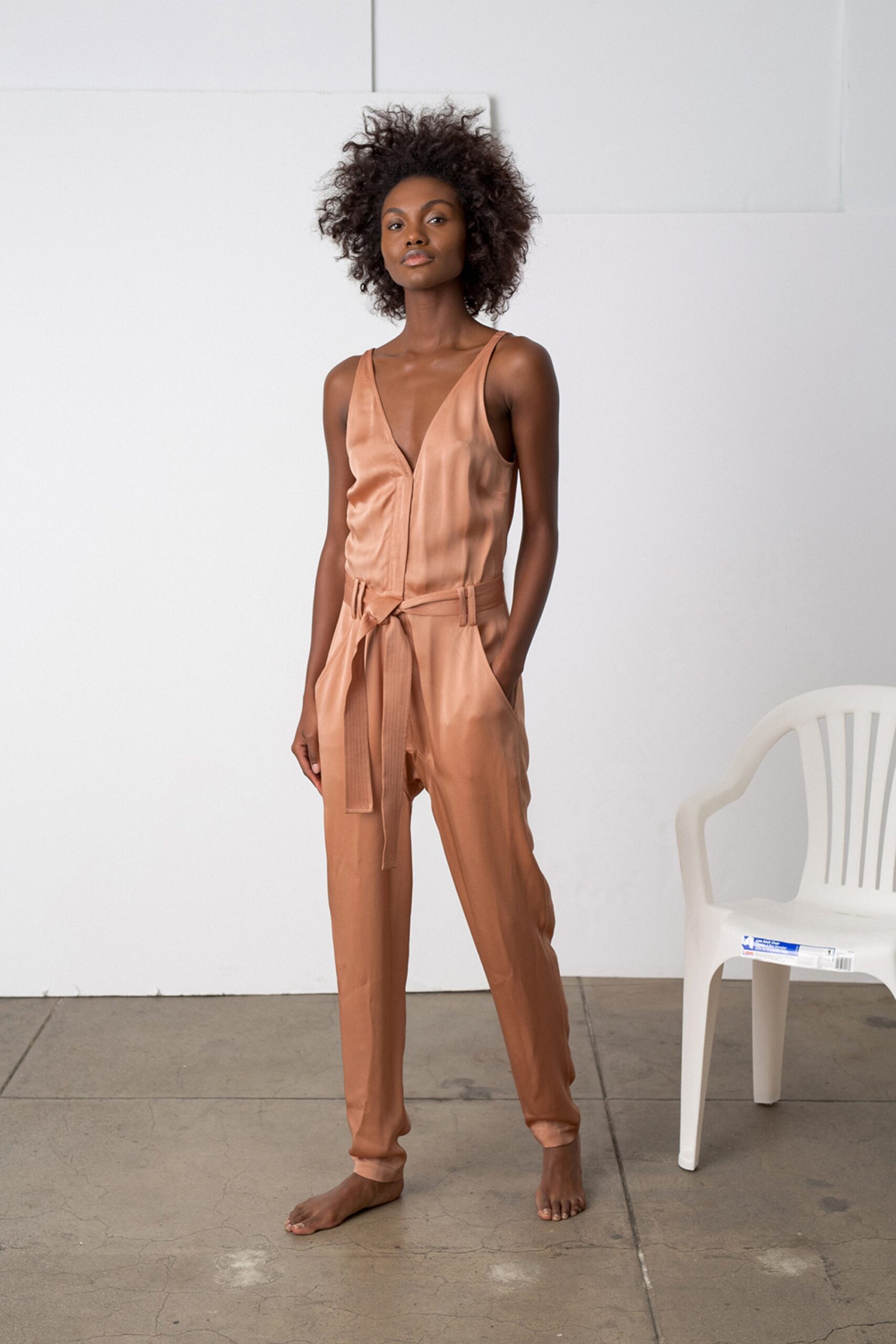 brown silk sleeveless jumpsuit