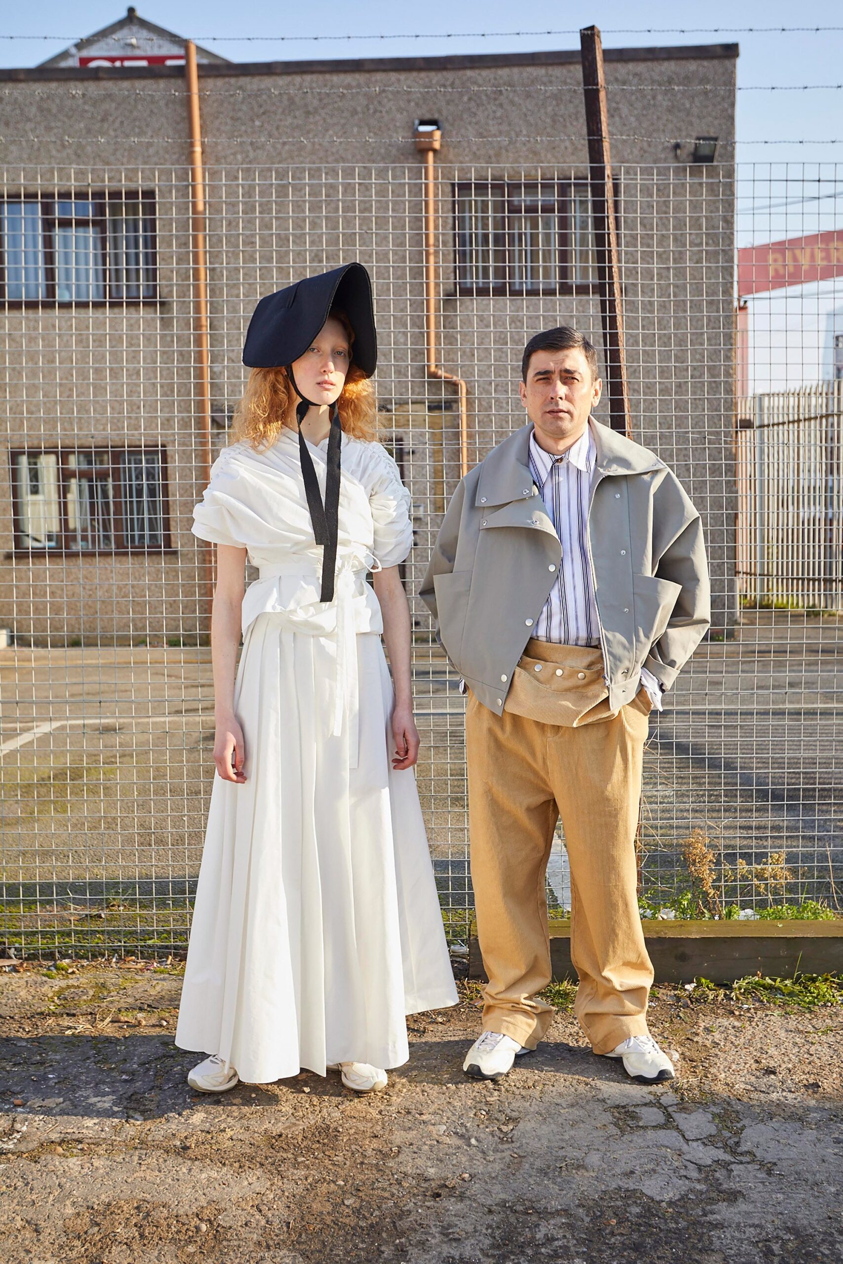 white maxi dress and gray jacket