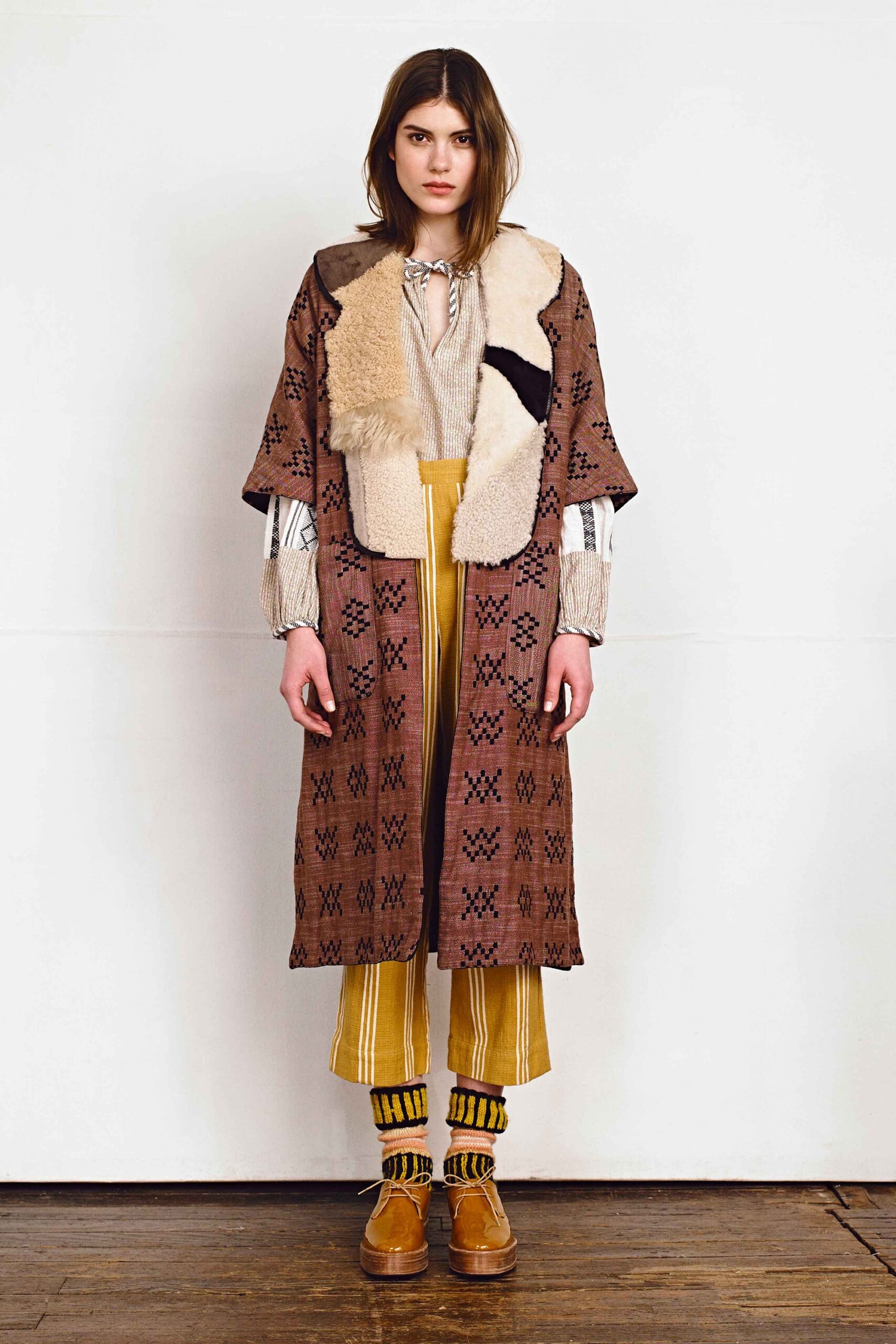 brown coat with beige faux-fur