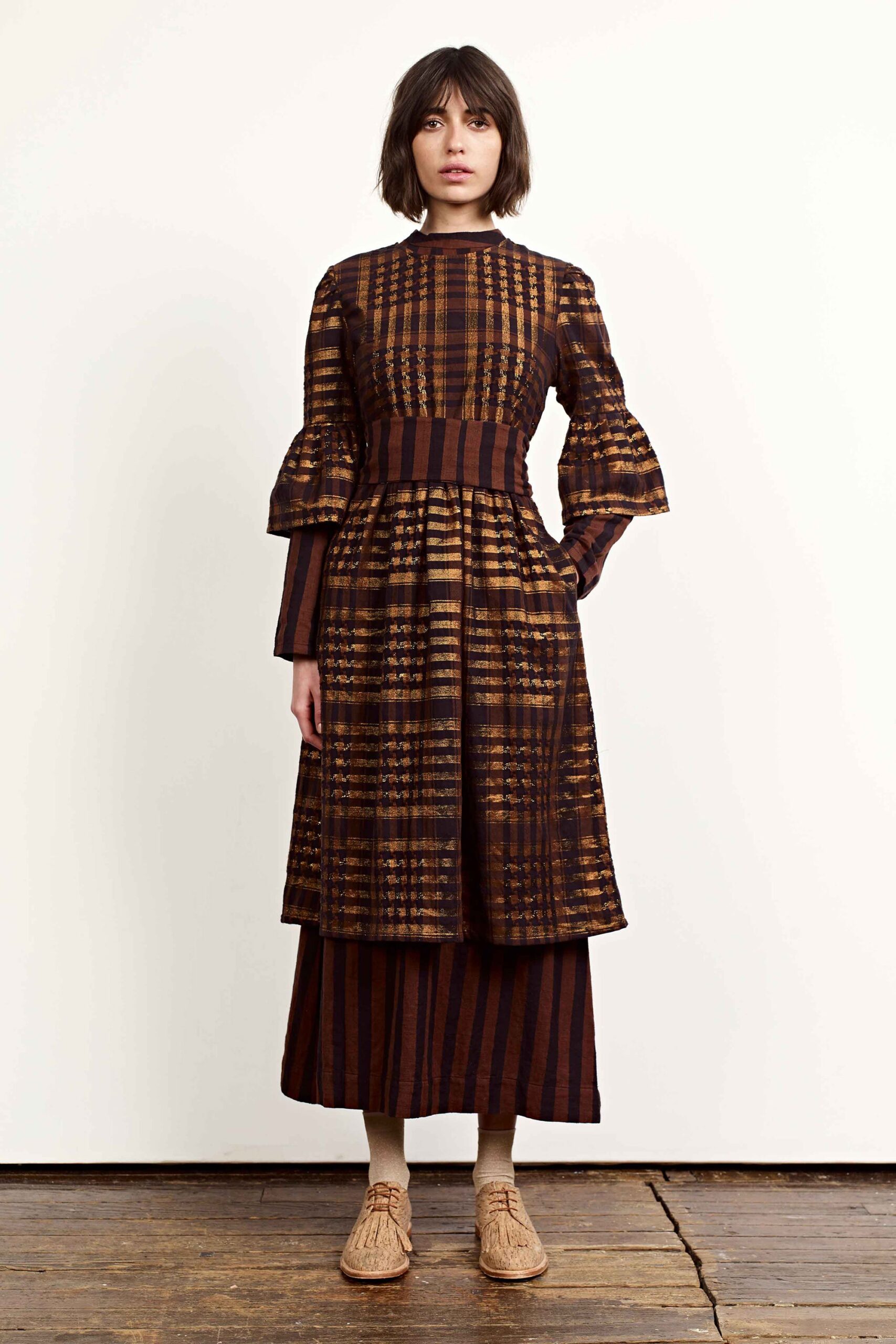 brown and gold striped midi dress