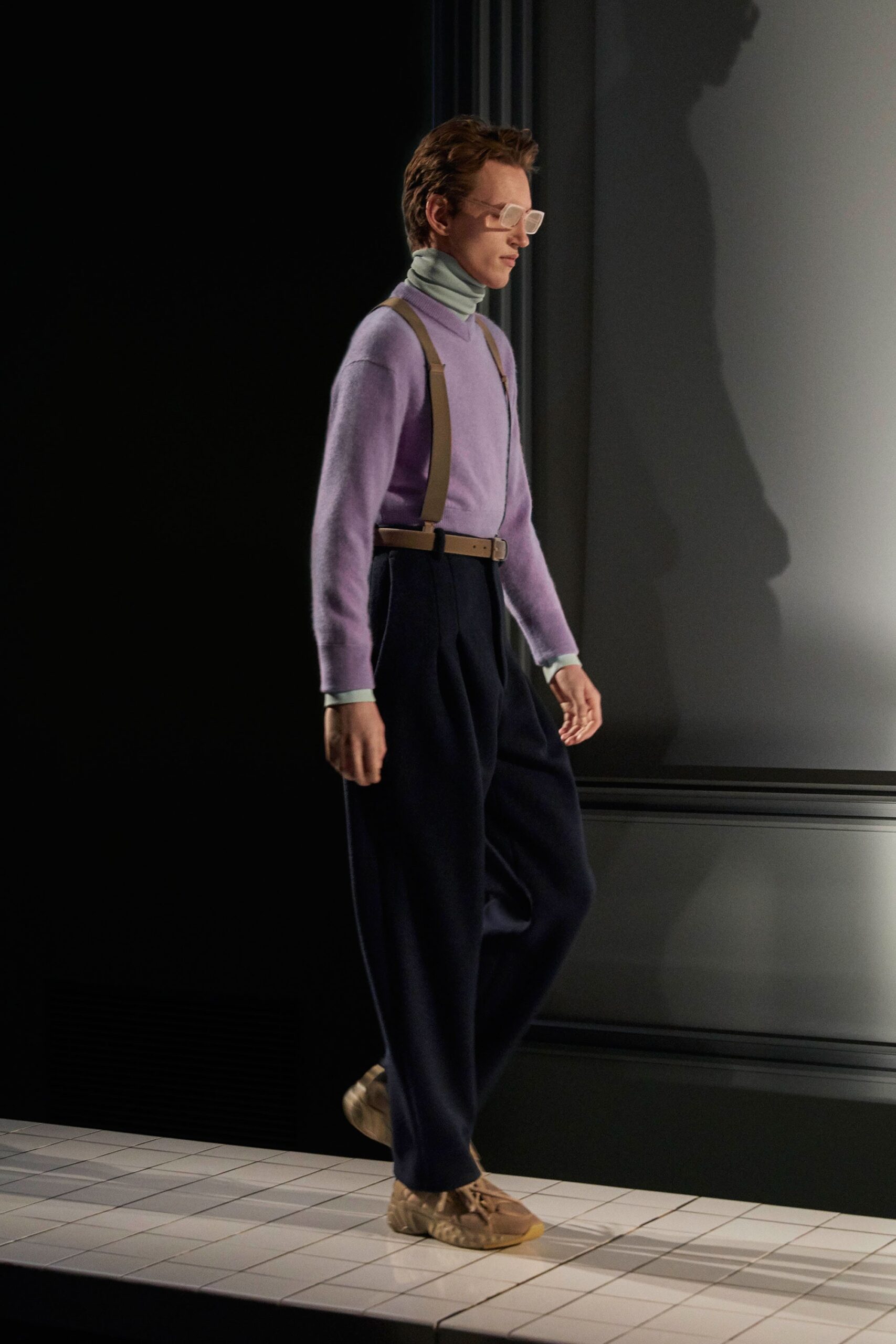 purple wool sweater and navy pants