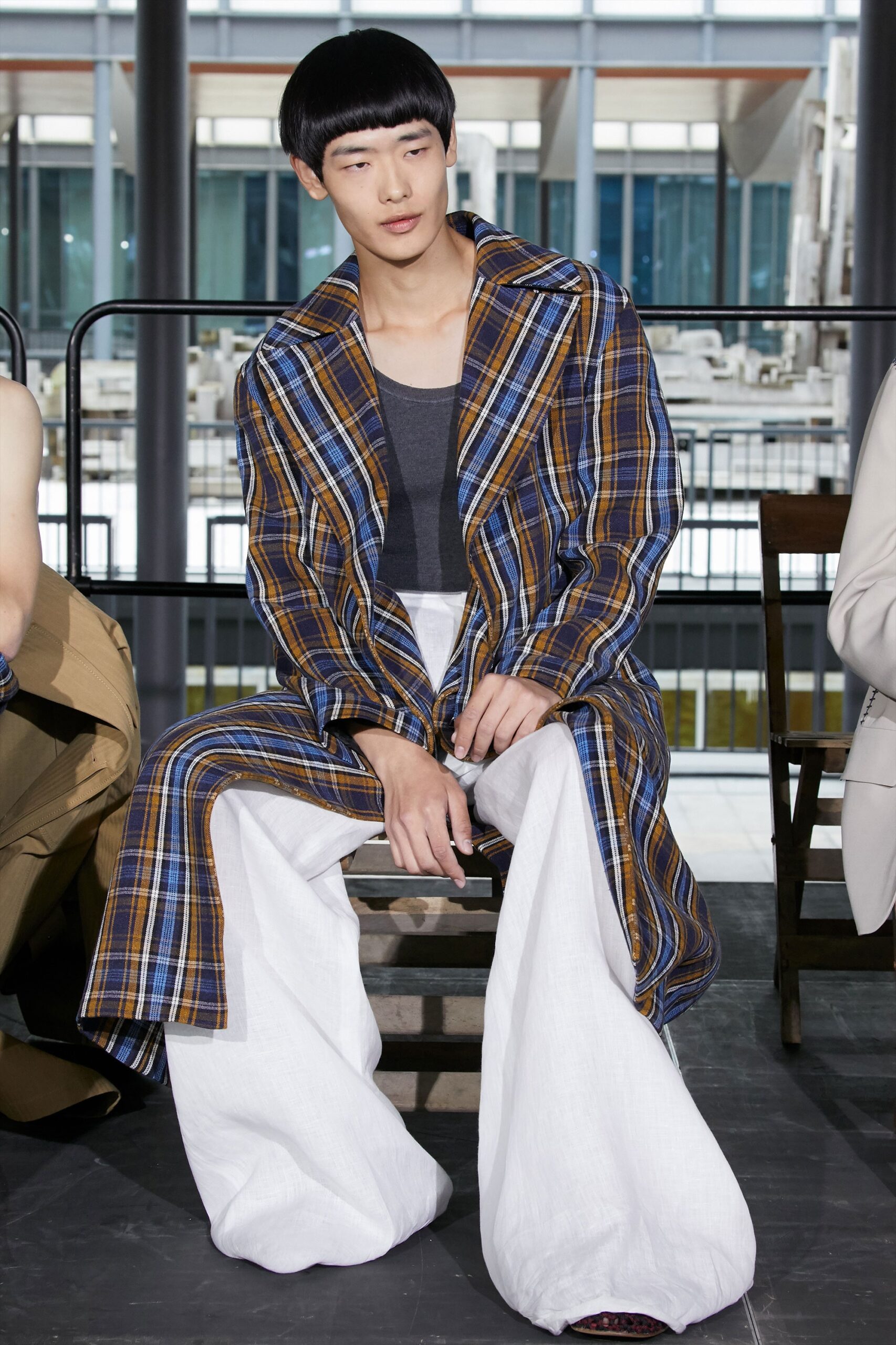 checked coat with wide-leg pants