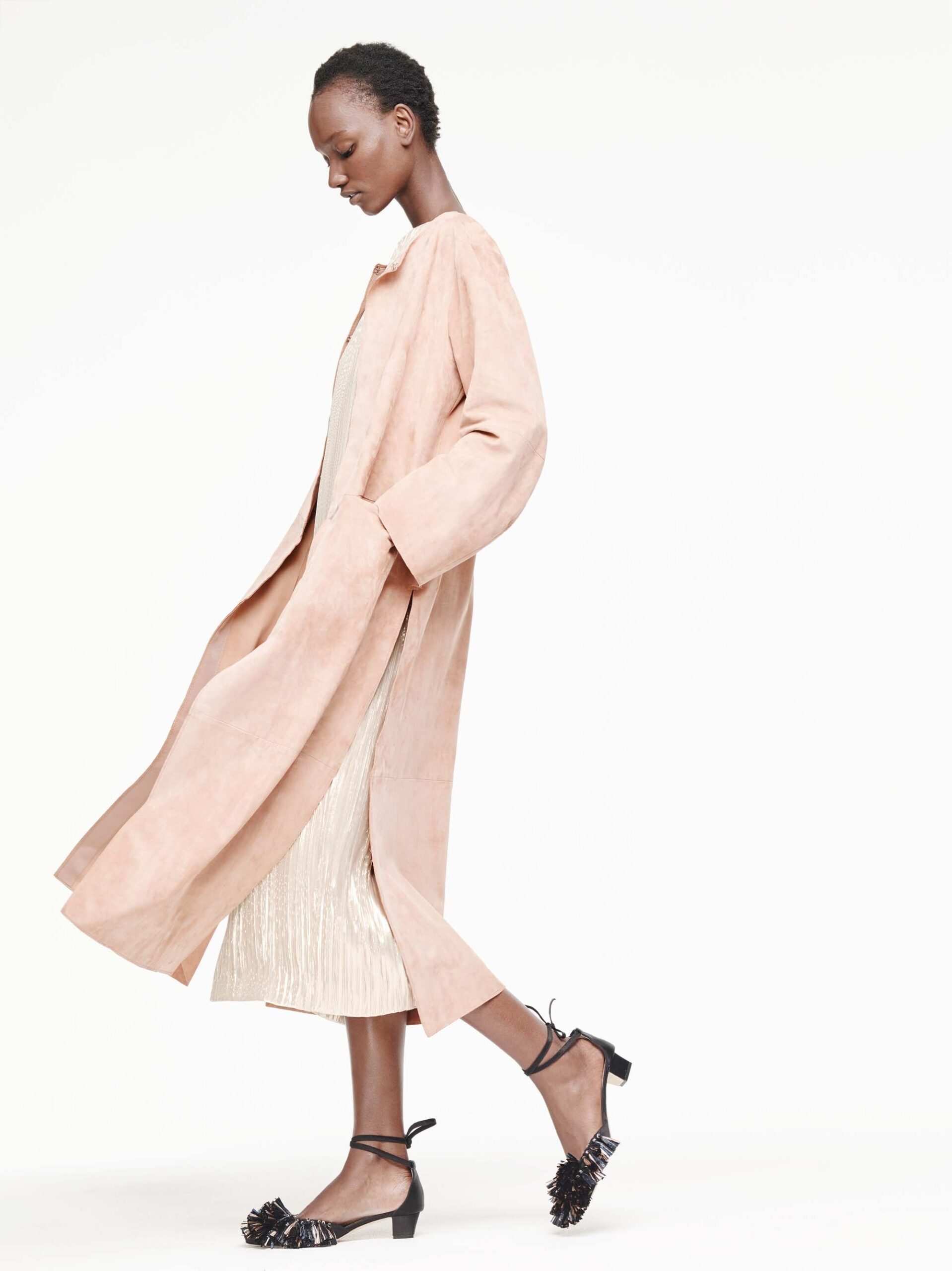 beige suede long-sleeve relaxed layered midi coat