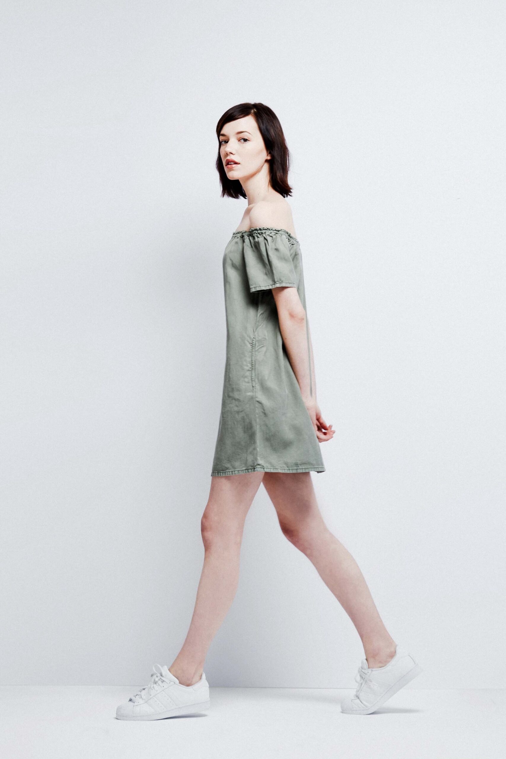 green off-shoulder relaxed dress