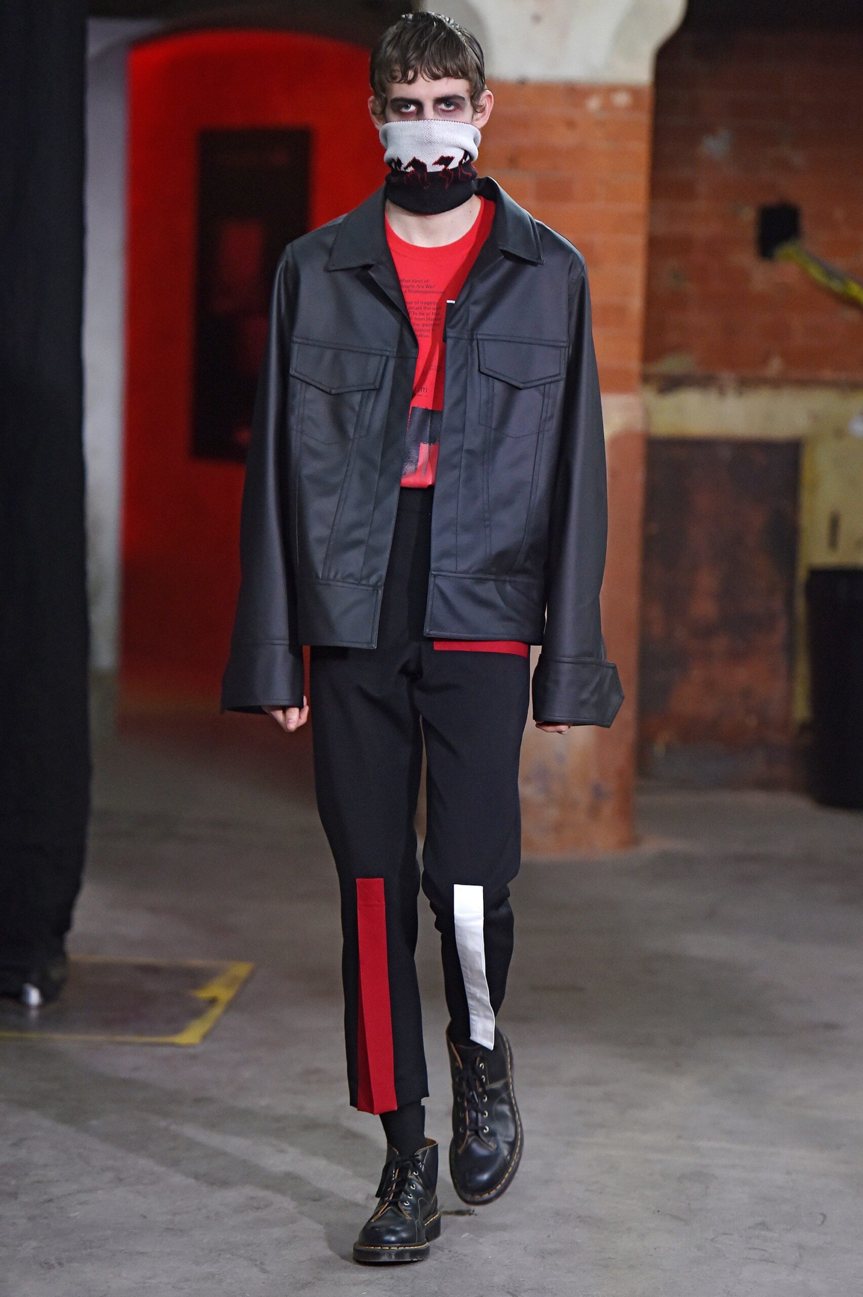 black leather relaxed jacket with red t-shirt